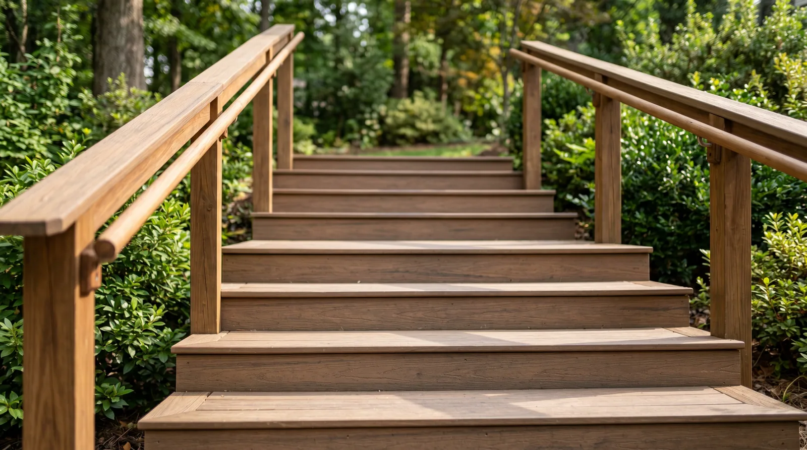 Close-up view of wide American-disability-friendly deck stairs with dual safety handrails and textured slip-resistant treads for senior accessibility in Raleigh North Carolina