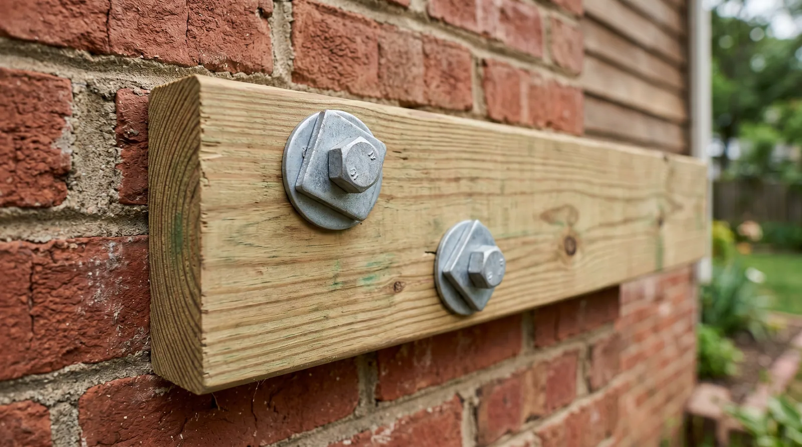 Close-up of a deck ledger bolted to a brick veneer wall, showing through-bolts and washers.
