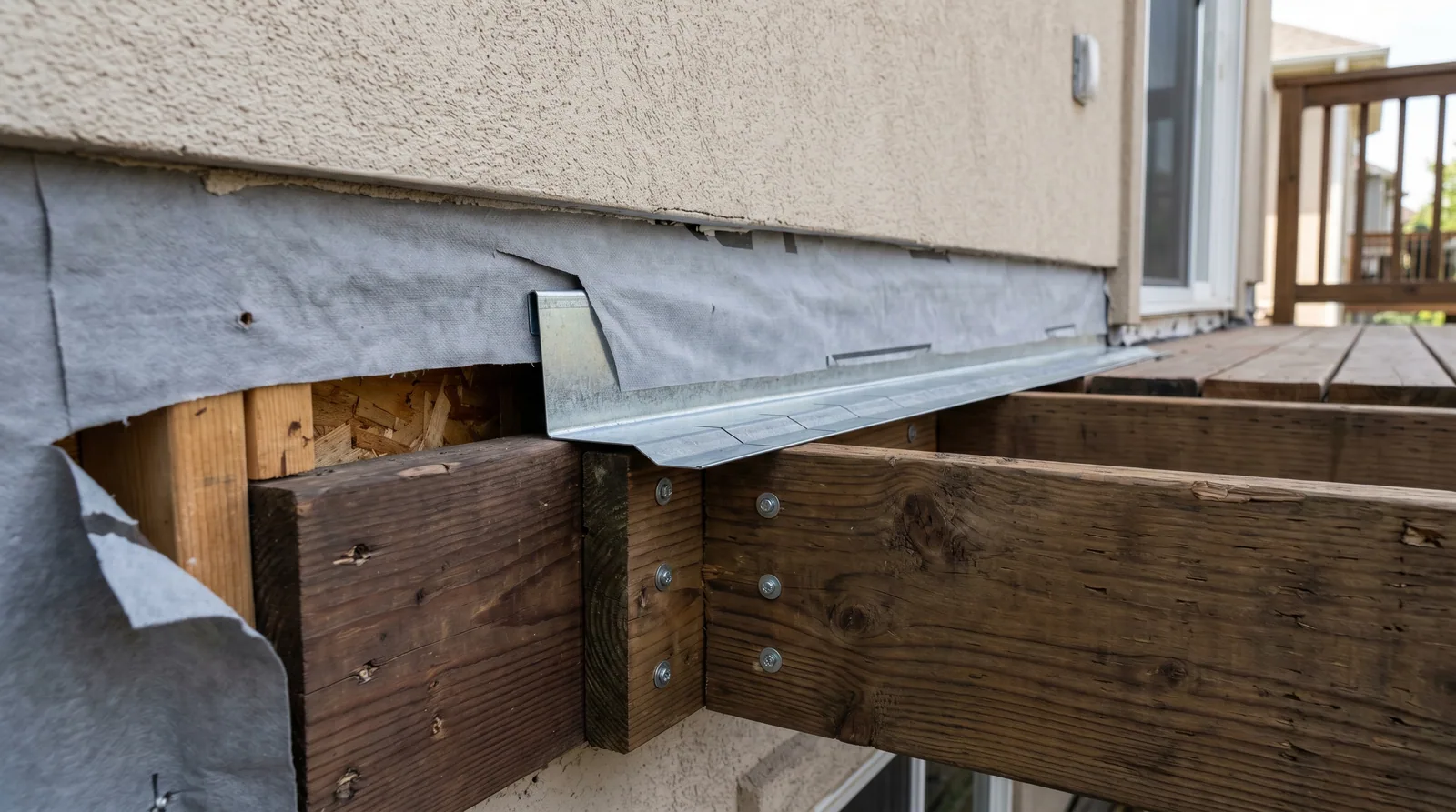 Close-up of stucco wall with deck ledger and flashing.