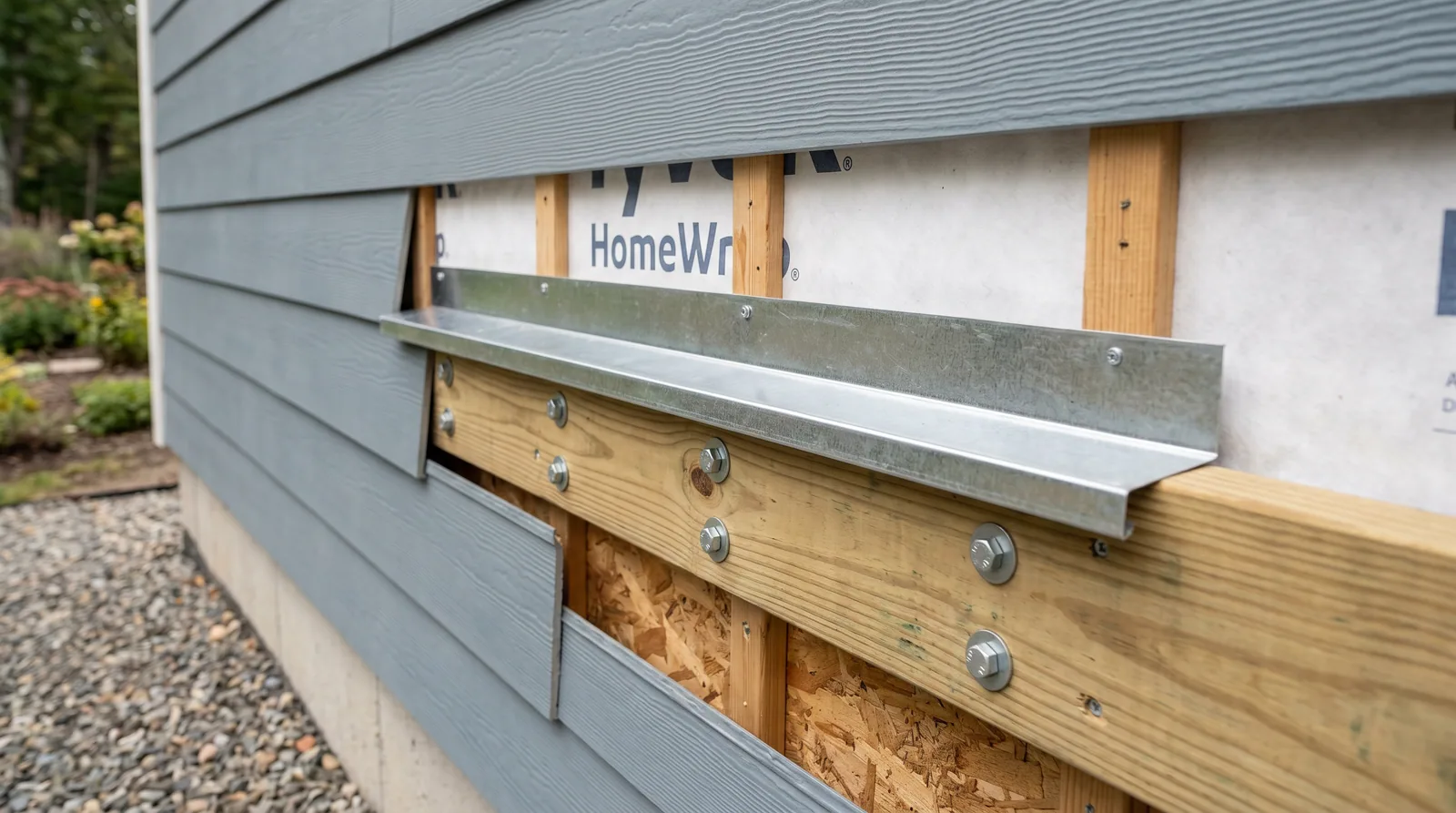 Close-up detail of ledger attachment on fiber cement siding showing Z-flashing and siding removal for proper deck attachment.
