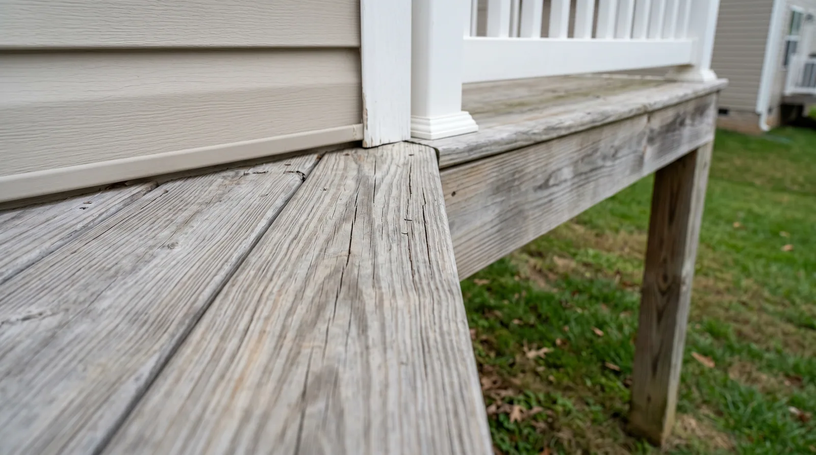 Close-up of a graying builder-grade pressure-treated deck attached to a newer home, showing early UV weathering on the boards near the siding.