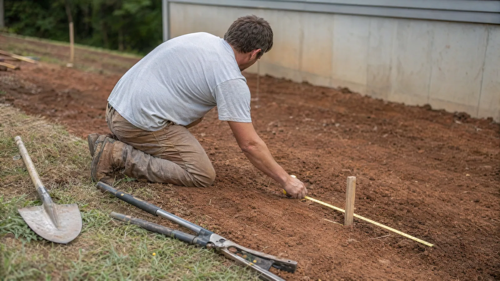 Contractor measuring grade slope with a tape measure next to a layout stake on a sloped residential lot in Raleigh, NC