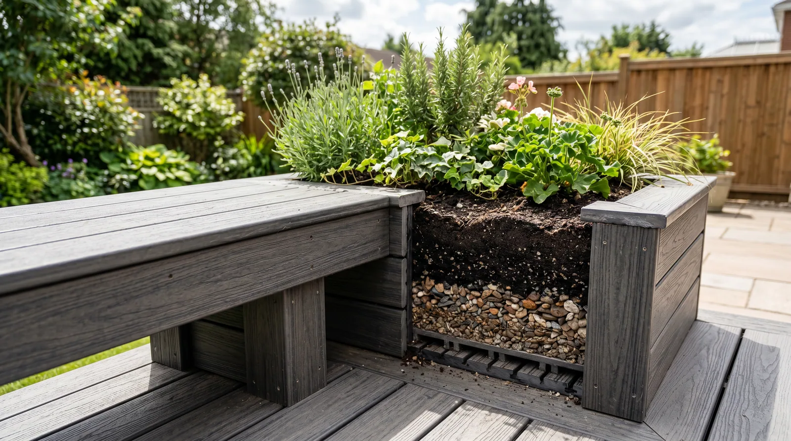 Close-up of a composite built-in deck bench and planter box in natural light.