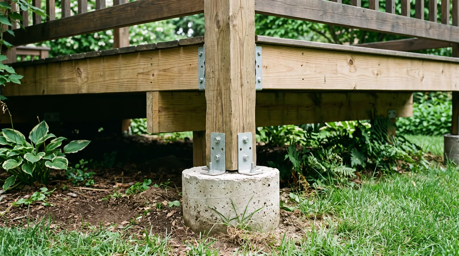 Close-up of a wooden pergola post bolted to a concrete footing below a deck, illustrating structural attachment.