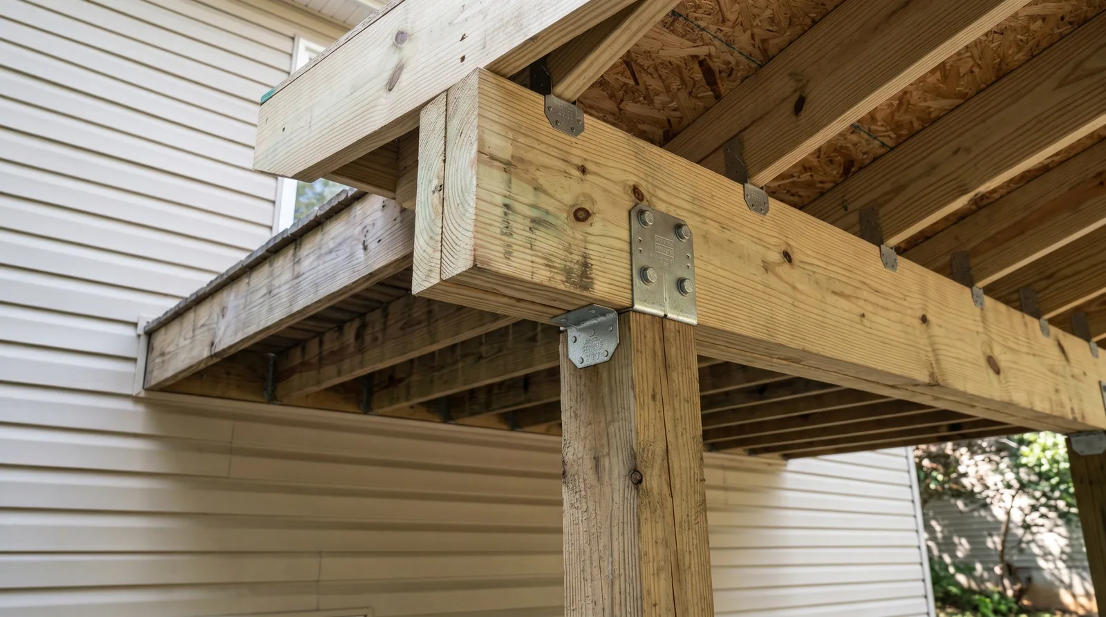 Close-up of roof rafters and support beam meeting an existing deck frame, showing structural details for adding a roof over a deck in Raleigh NC