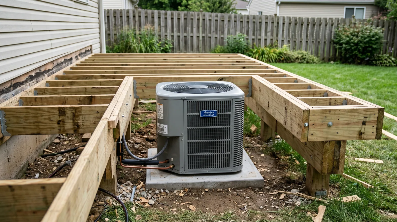 Close-up of deck framing with a cutout around an outdoor AC unit, showing clearance for airflow and access.