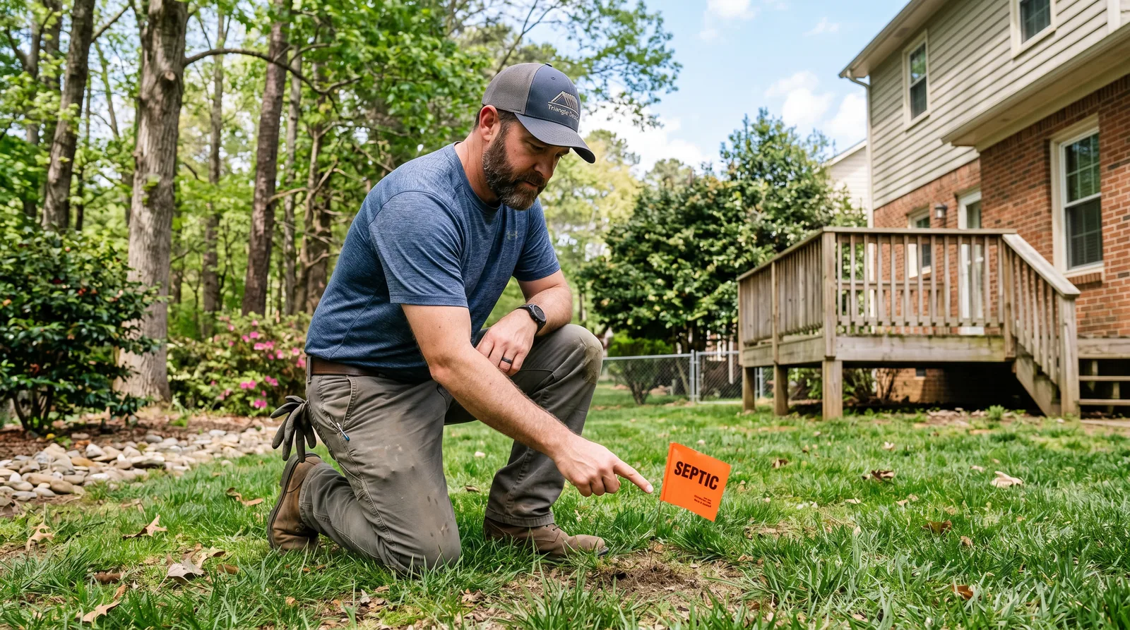 Professional builder inspecting a septic line flag in a backyard with a deck in the background, illustrating site assessment for deck construction near septic systems.