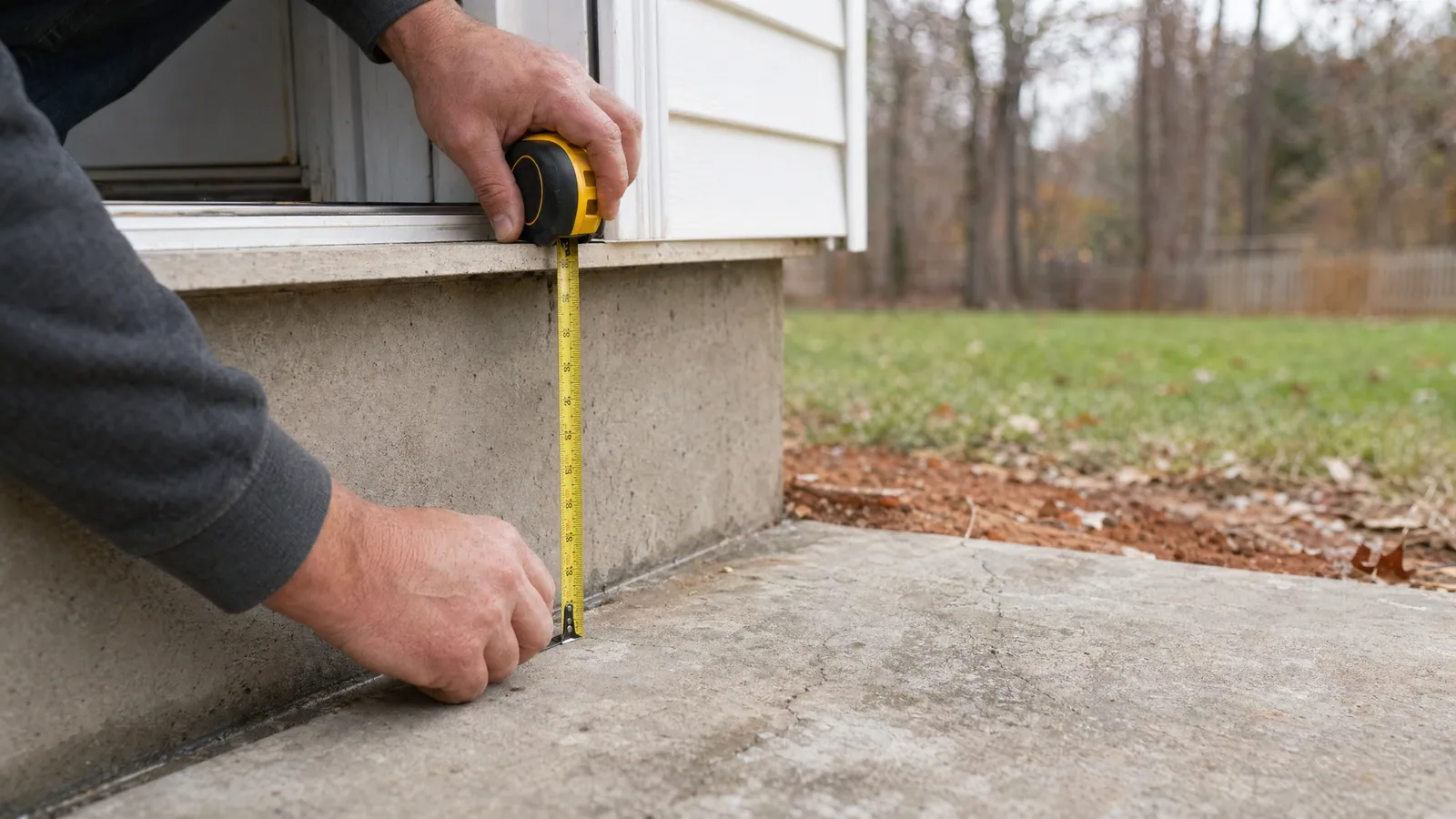 Contractor measuring door threshold height above a concrete patio slab during a deck site assessment in Raleigh