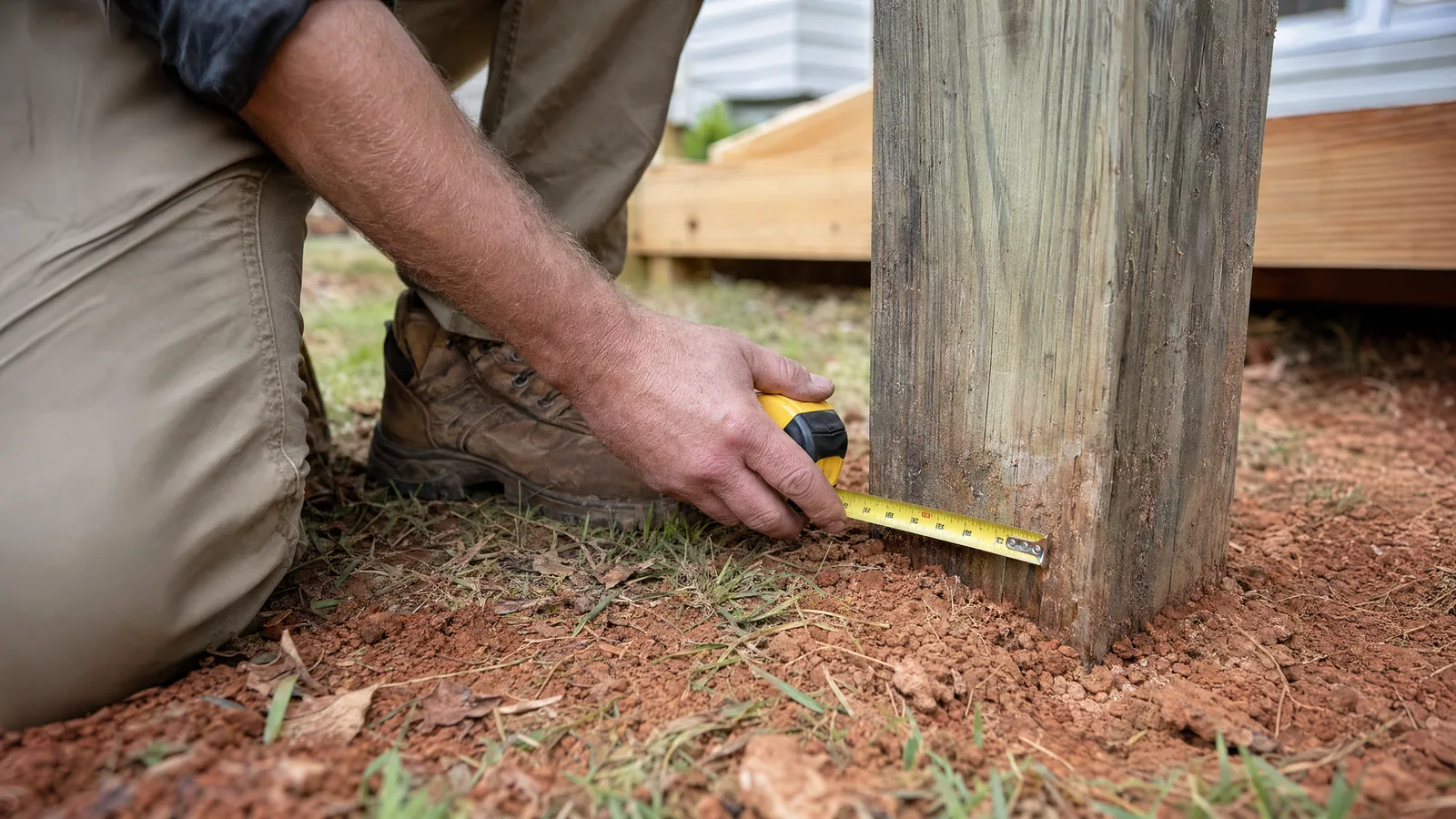Contractor measuring an existing deck post footing in red clay soil during a deck expansion assessment in Raleigh, NC