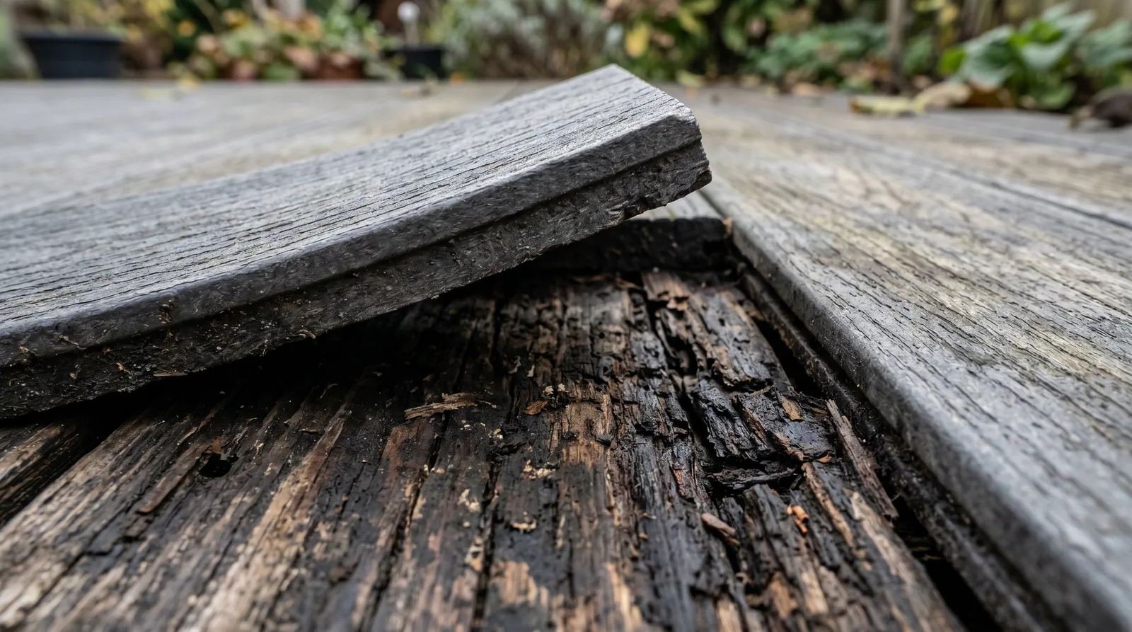 Close-up detail of composite decking lifted to show old wood decking underneath with moisture damage.