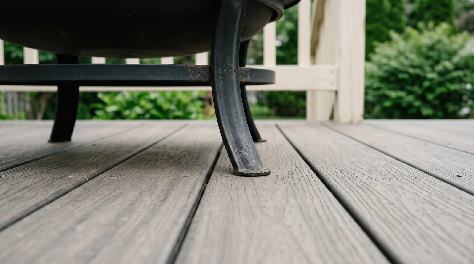 Close-up of a fire pit base resting on composite deck boards, showing deck surface texture and railing context for Raleigh-area homeowners considering a deck fire feature.