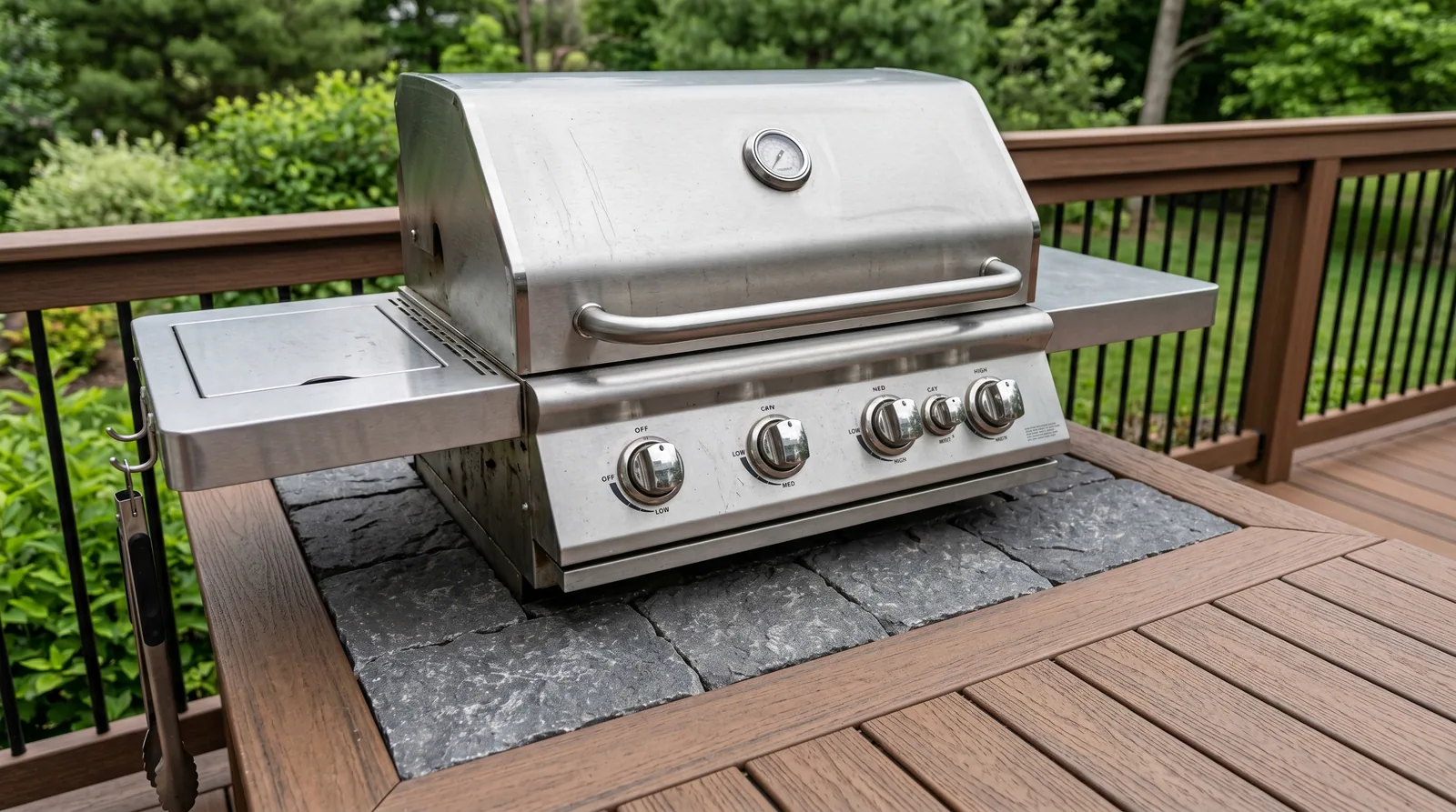 Close-up of a built-in gas grill on a composite deck with a protective paver inlay, showing outdoor kitchen setup on deck.