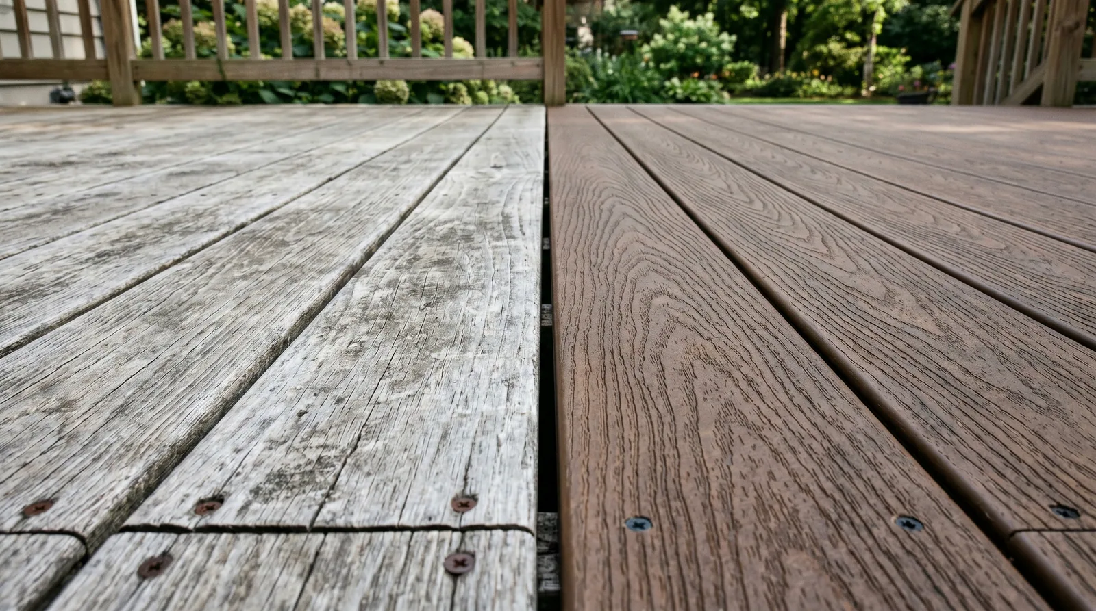 Close-up of composite deck boards with a visible color mismatch between old and new sections, illustrating the risk of phased deck replacement.