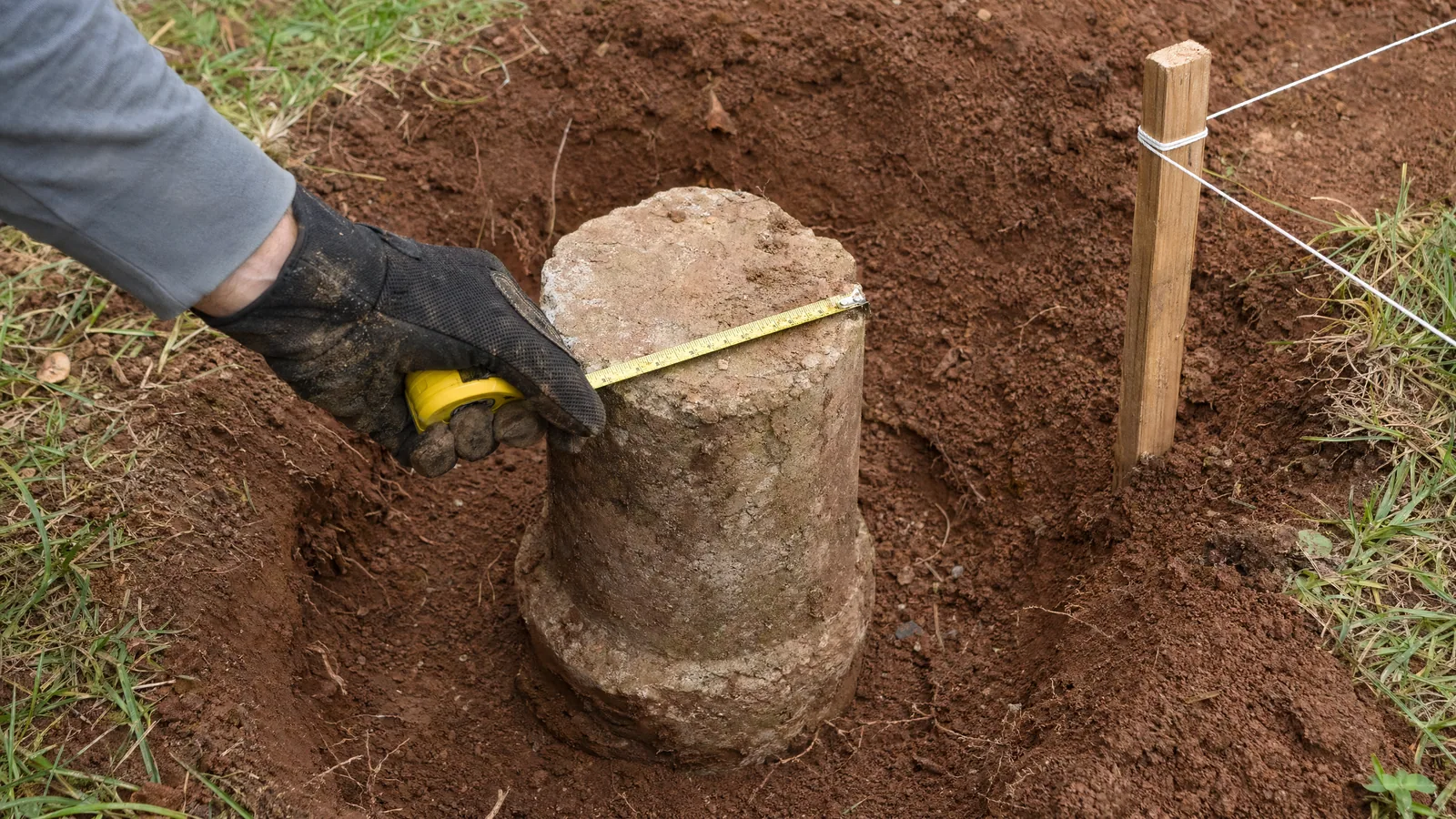 Contractor measuring an old concrete deck footing in red clay soil to check if it can be reused during a deck replacement.