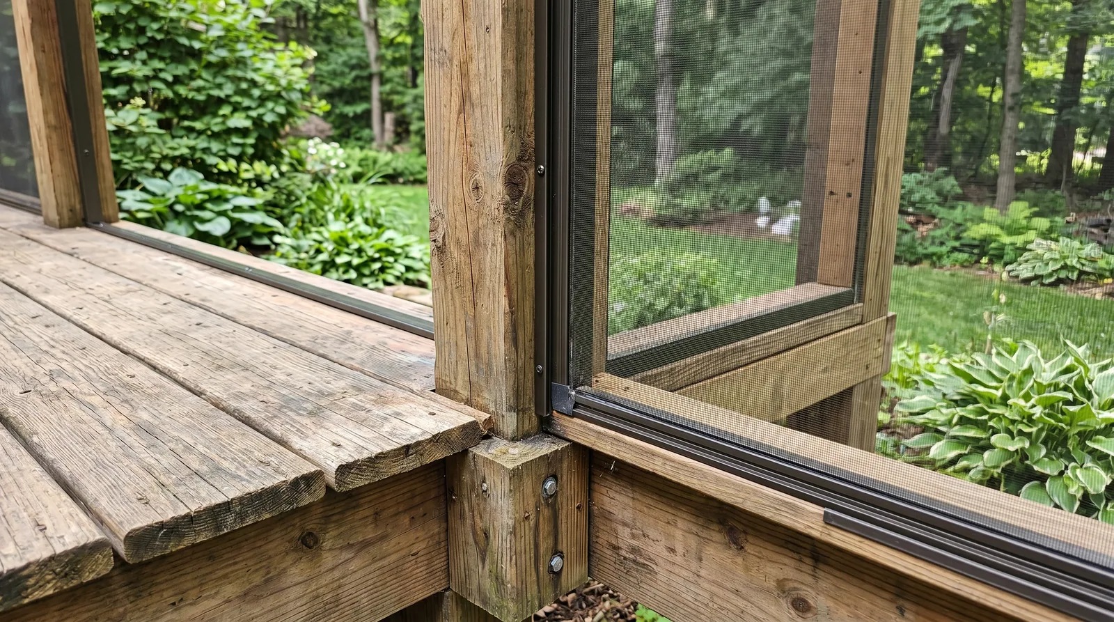 Close-up of deck with screened porch framing showing screen track and wood posts.