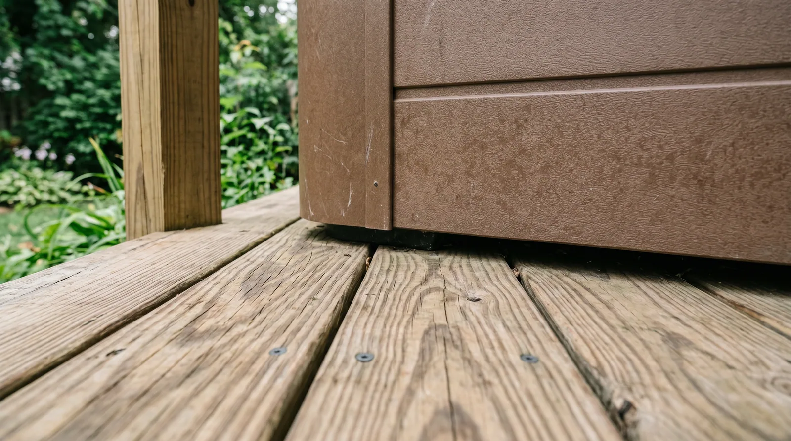 Close-up of a hot tub base resting on a wood deck, showing the deck boards and support structure beneath it.