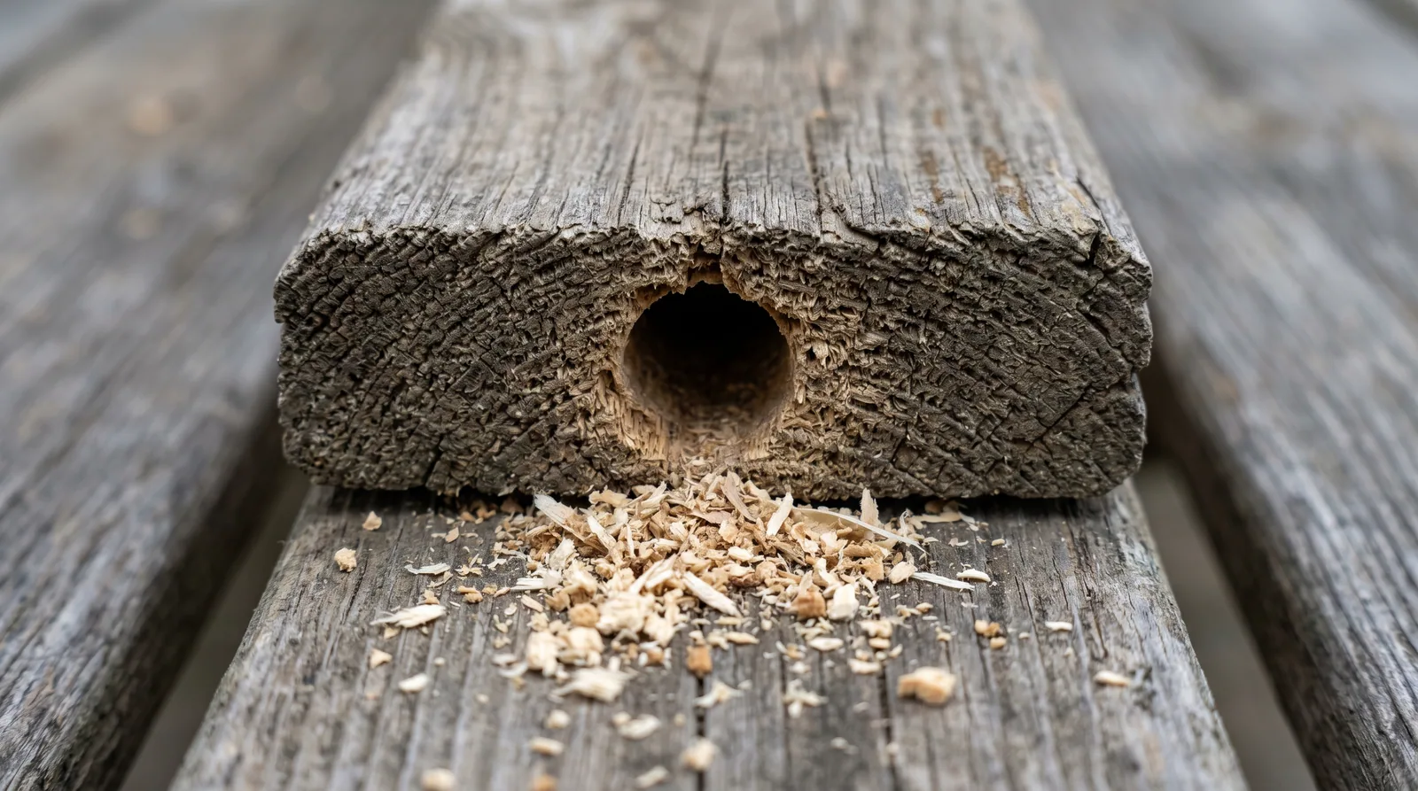 Close-up of a round carpenter bee hole with sawdust on a weathered deck board, showing typical signs of damage.