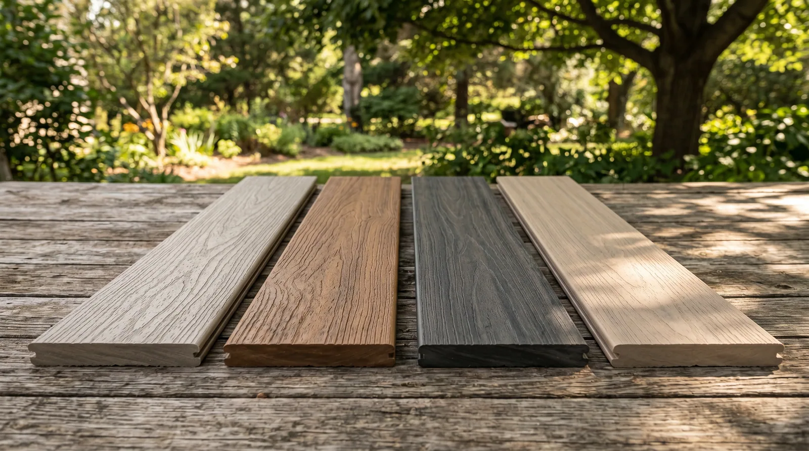 Composite deck board samples in different colors laid out on an outdoor deck, illustrating how light and shadow affect color appearance for Raleigh homeowners.