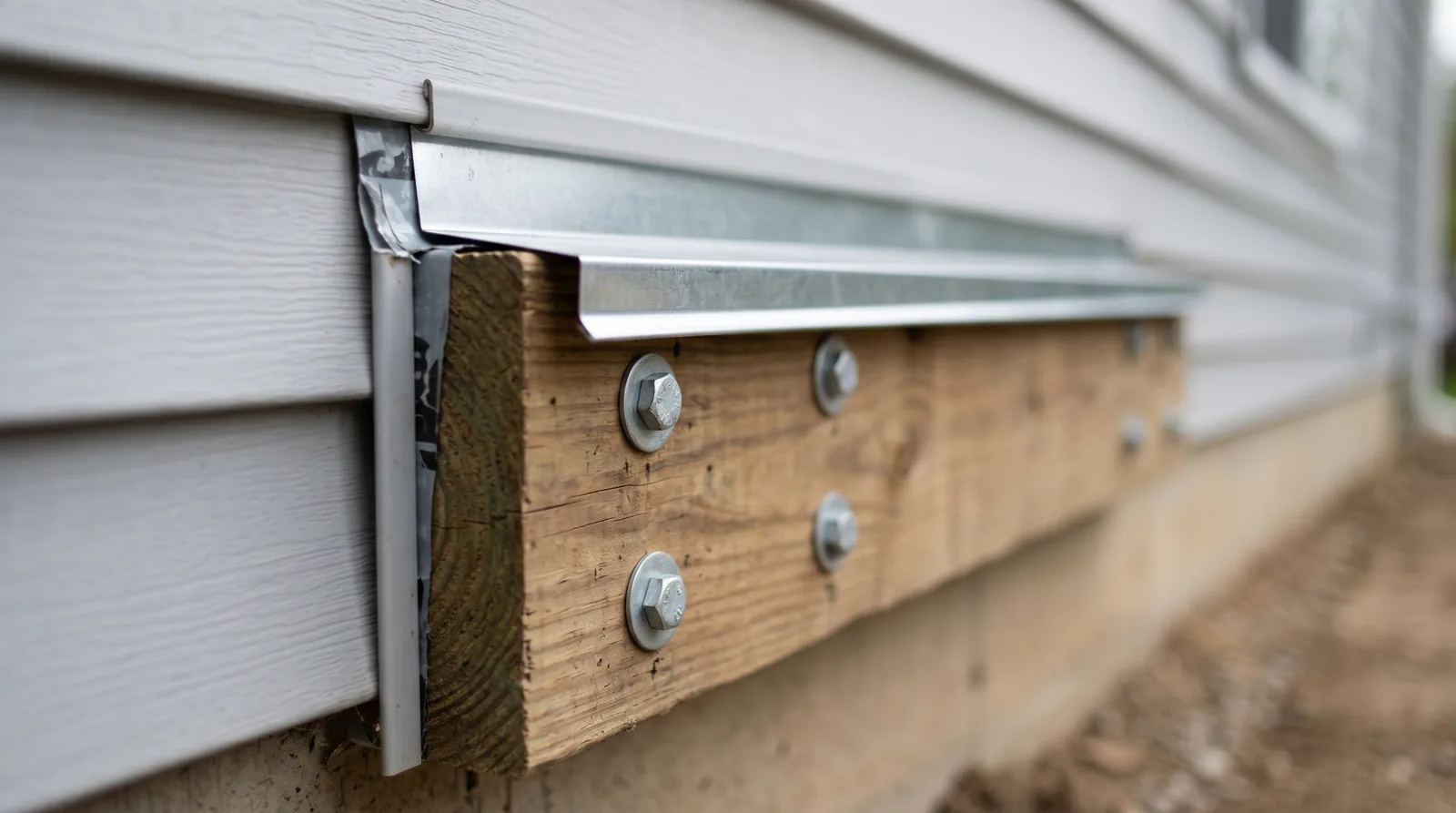 Close-up of a deck ledger board attached to house framing with lag bolts and flashing, demonstrating proper installation for composite deck warranty coverage.