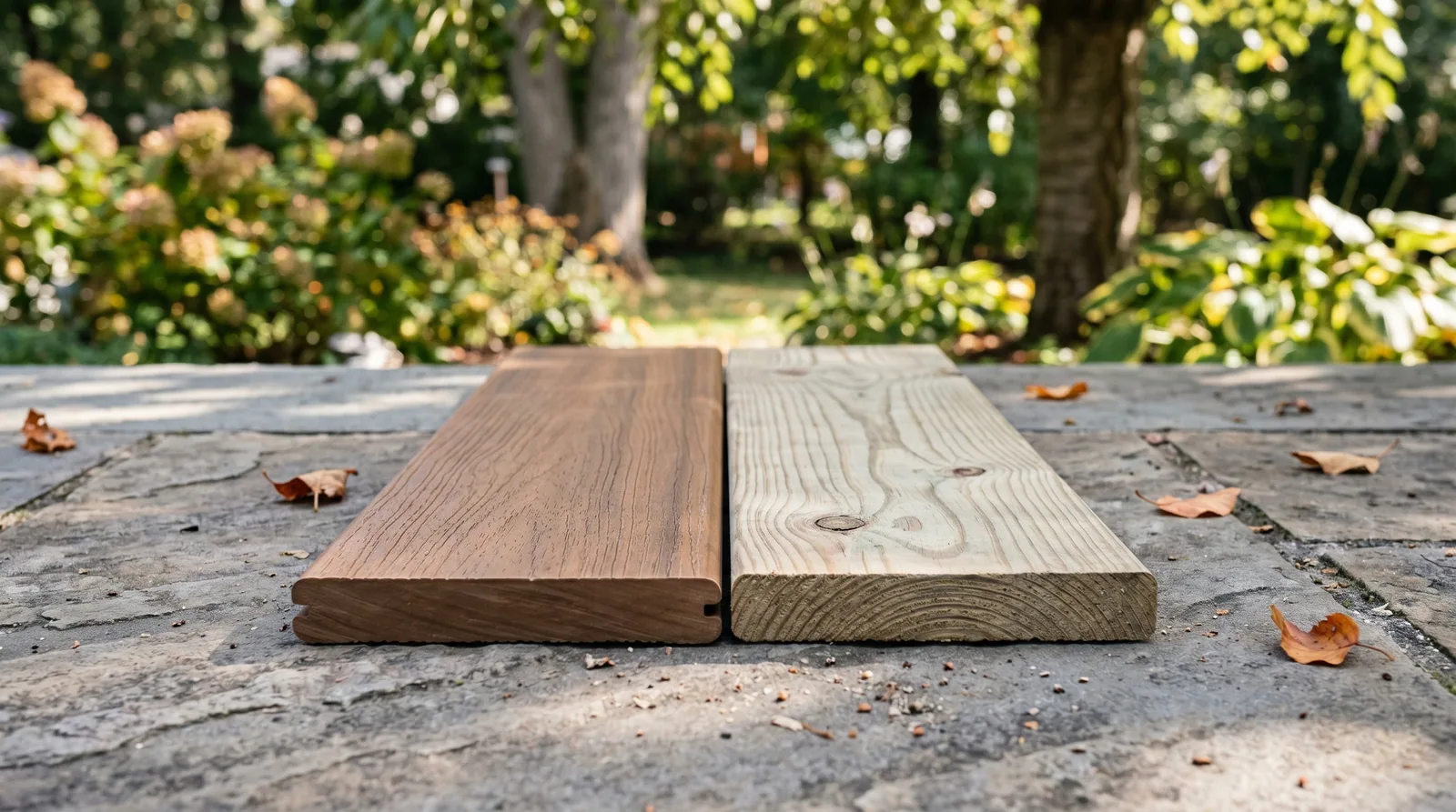 Side-by-side comparison of a composite deck board and a pressure-treated wood deck board, shot outdoors in natural light.
