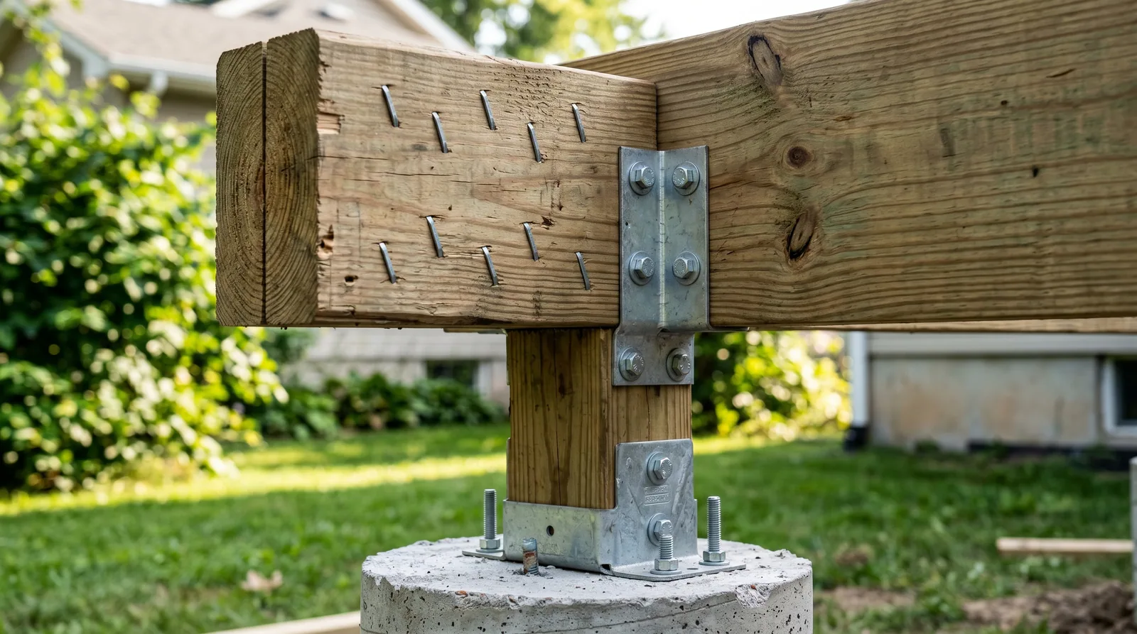 Close-up of a deck beam resting on a post with a metal post base and fasteners, showing a beam splice over a support post.