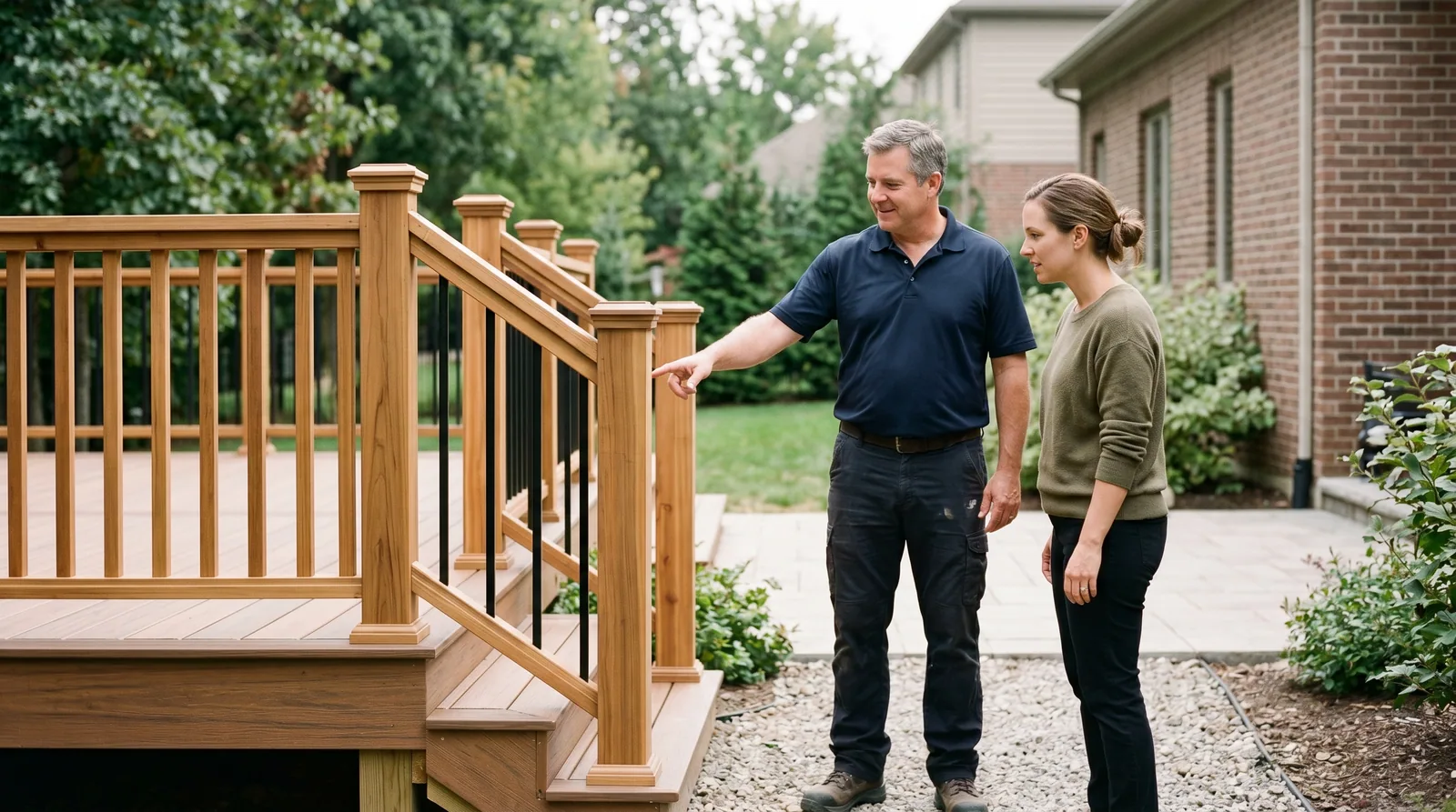 Contractor and homeowner discussing deck workmanship warranty near a deck.