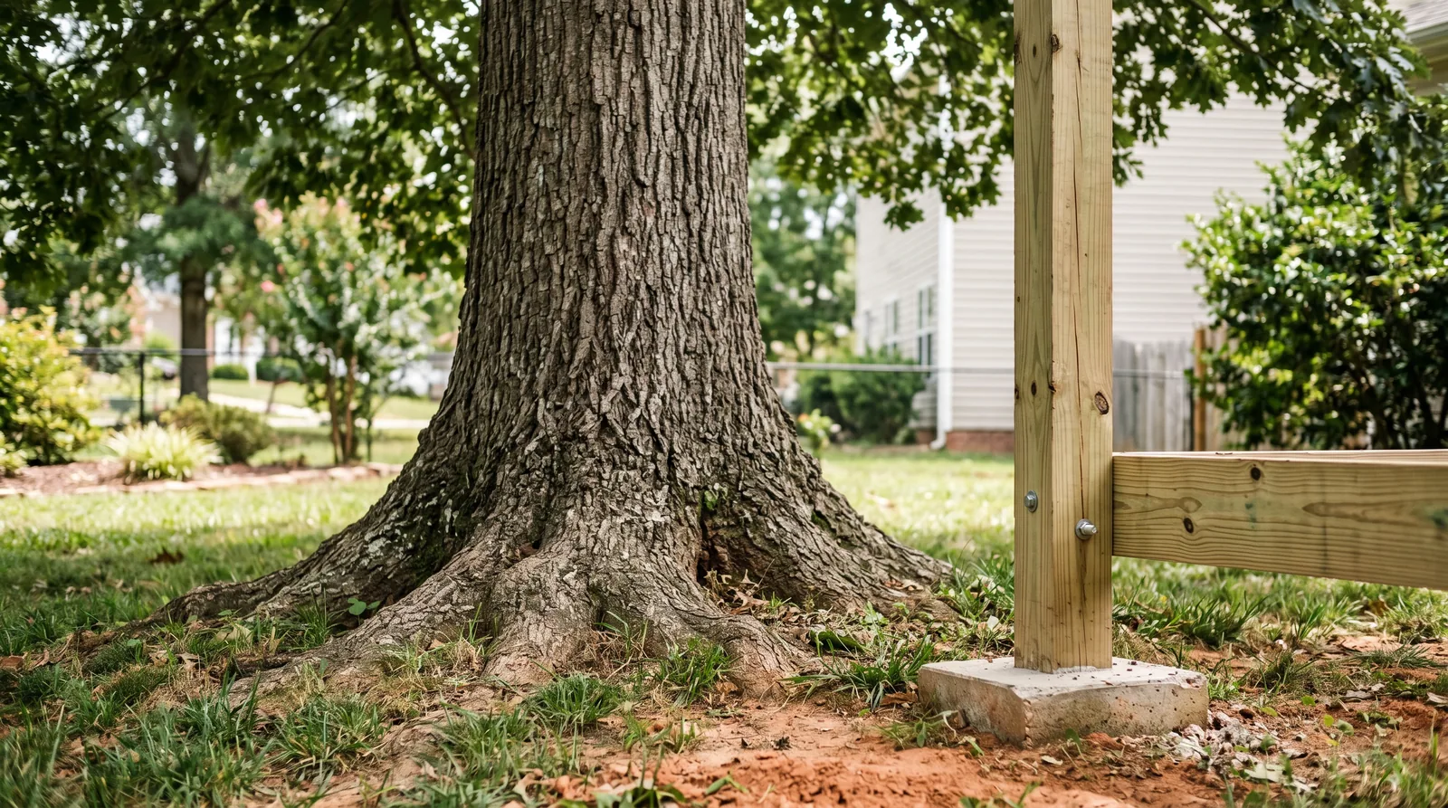 Mature oak tree trunk and exposed root flare beside a deck post footing in a Raleigh-area backyard