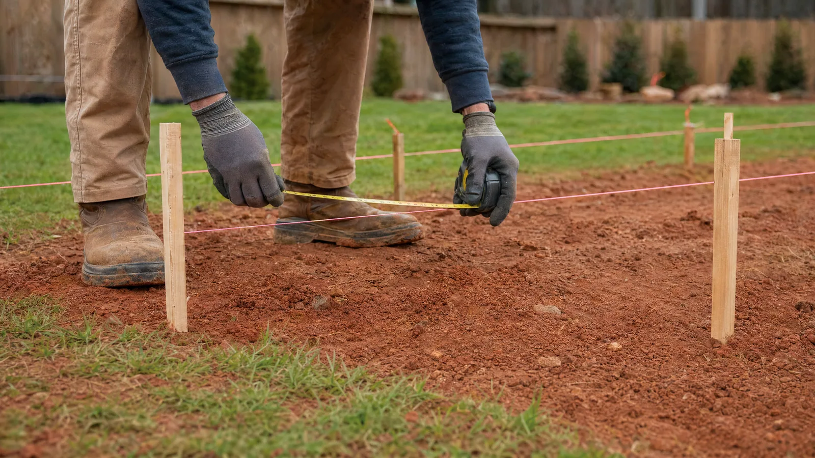 Contractor measuring between wooden stakes and string lines to mark a deck layout in a Raleigh backyard with red clay soil.