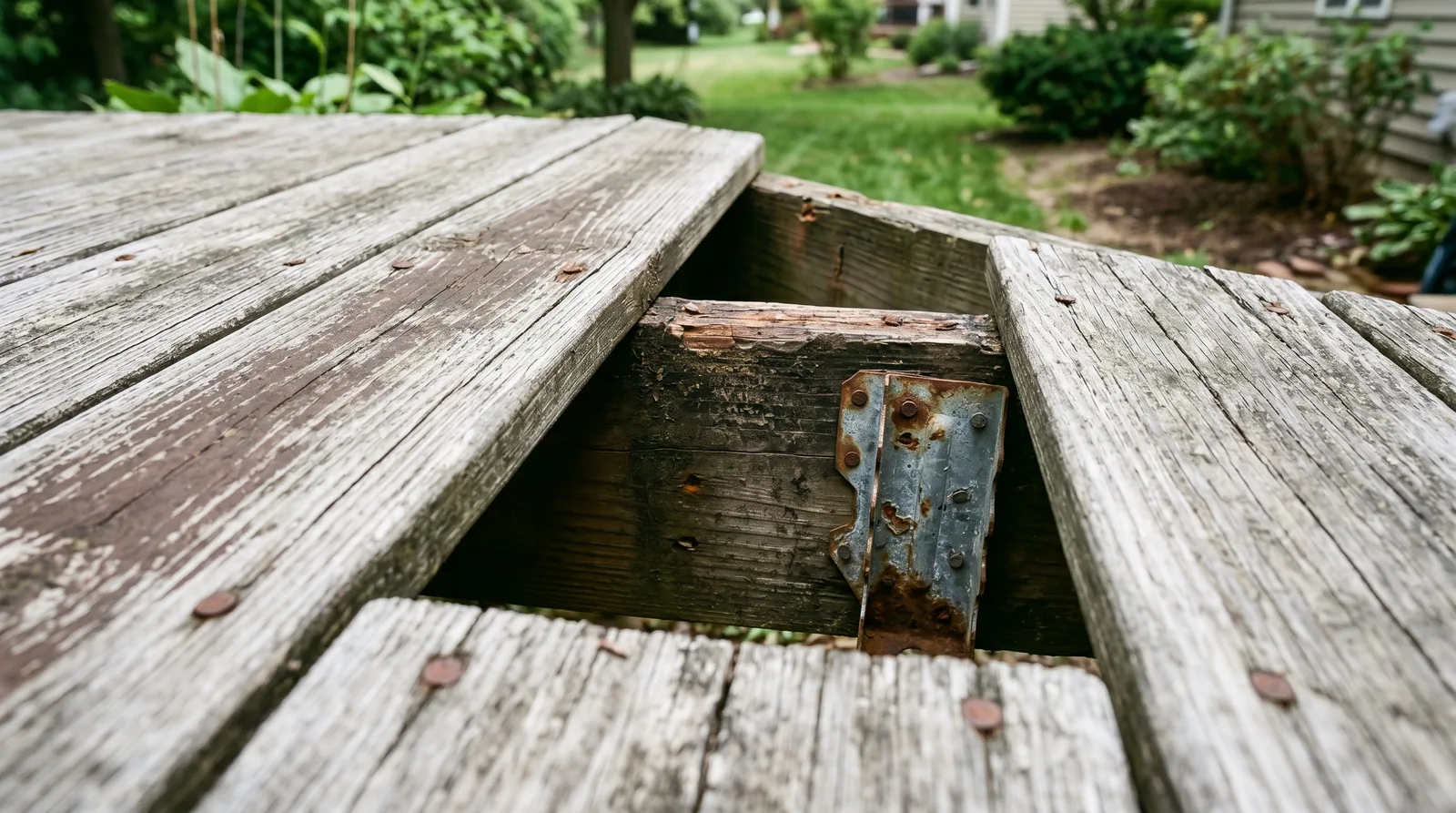 Close-up of weathered deck boards and an exposed joist hanger showing the aged condition of an old residential deck before tear-out and replacement.