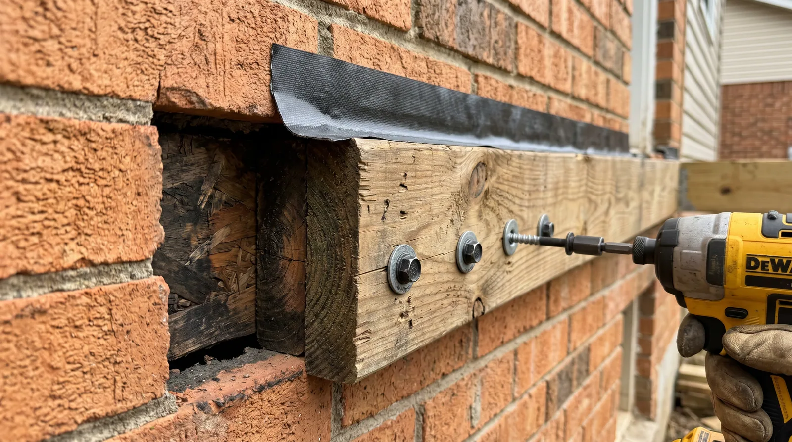 Close-up of deck ledger attachment through brick veneer on a split-level home.
