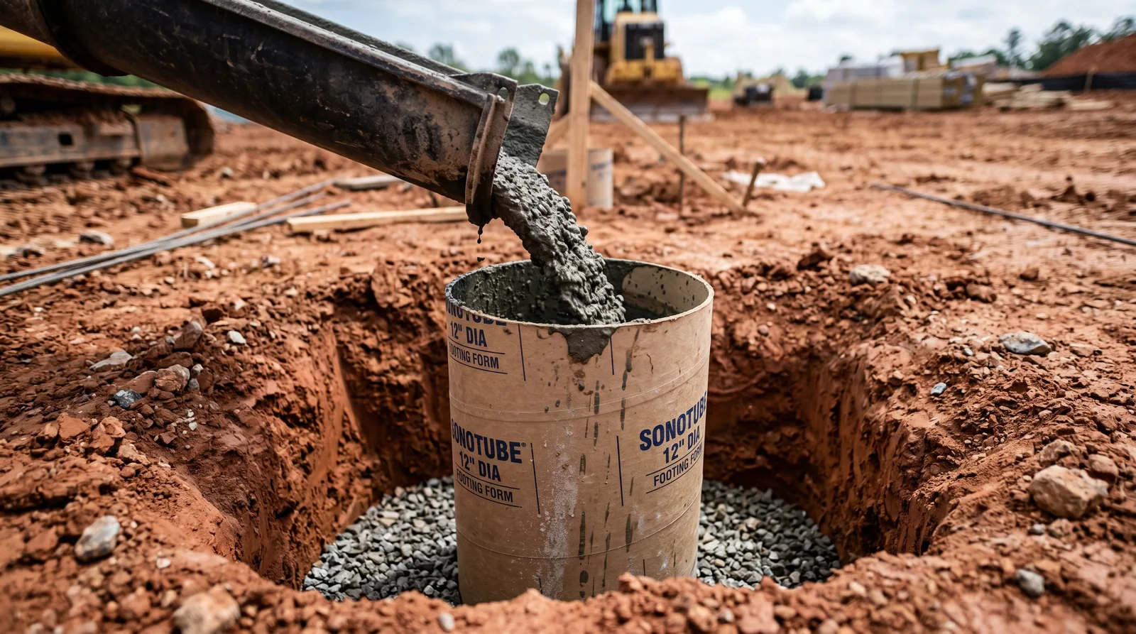 Concrete footing pour for deck foundation in Raleigh, NC with sonotube and red clay soil