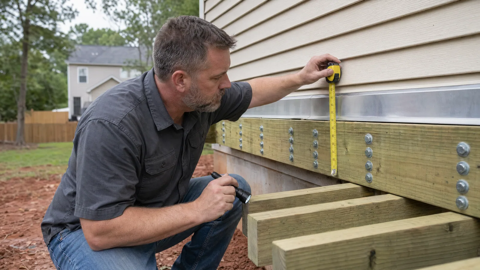 Contractor inspecting deck ledger board bolt spacing with a tape measure during a post-inspection assessment at a Raleigh-area home.