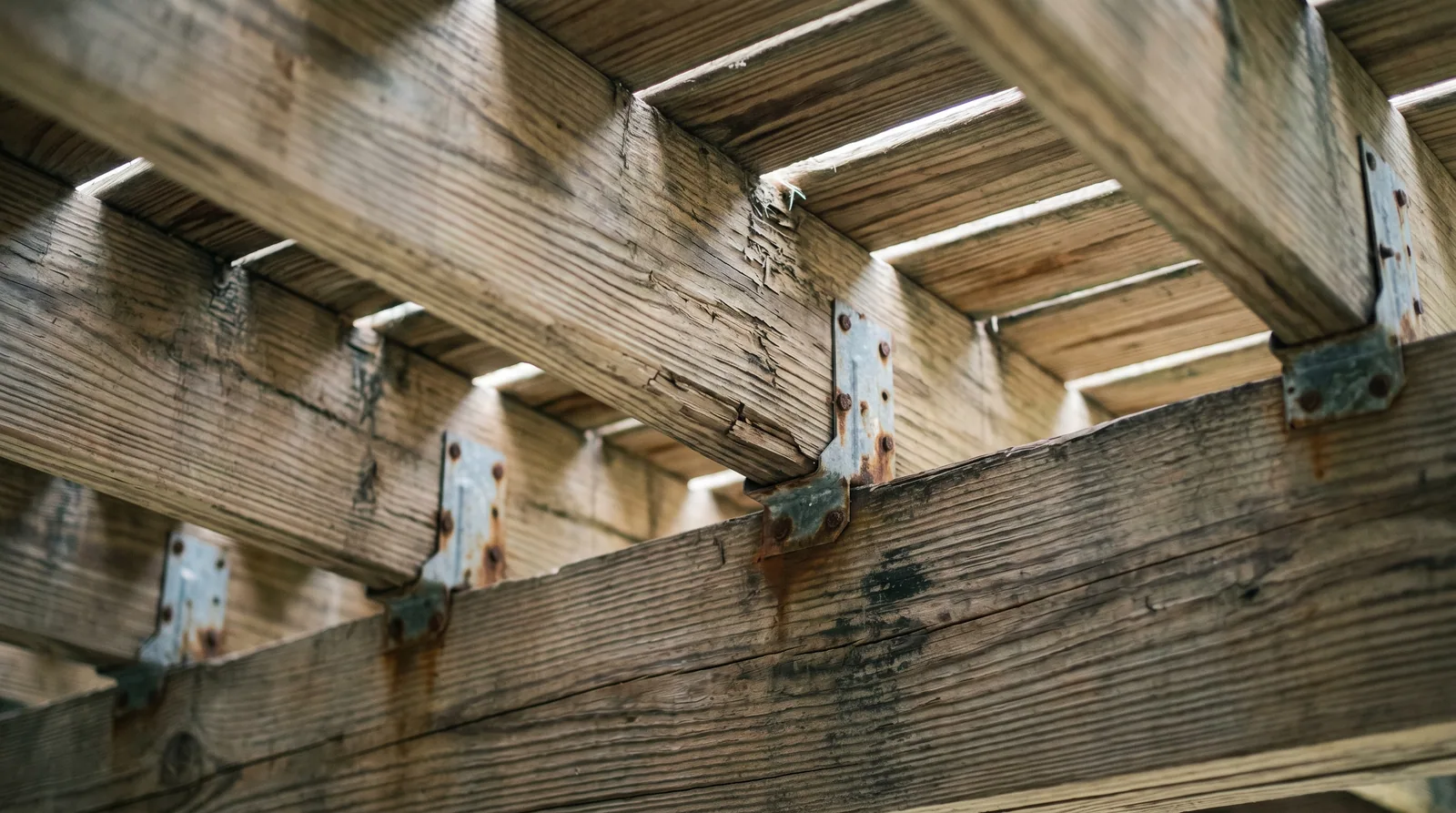 Close-up of weathered pressure-treated deck joists and beam from beneath a deck, showing moisture wear and joist hanger hardware typical of Raleigh NC humidity.