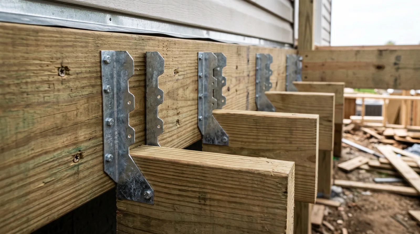 Close-up of galvanized joist hangers on a ledger board showing deck joist spacing for Raleigh NC decks.