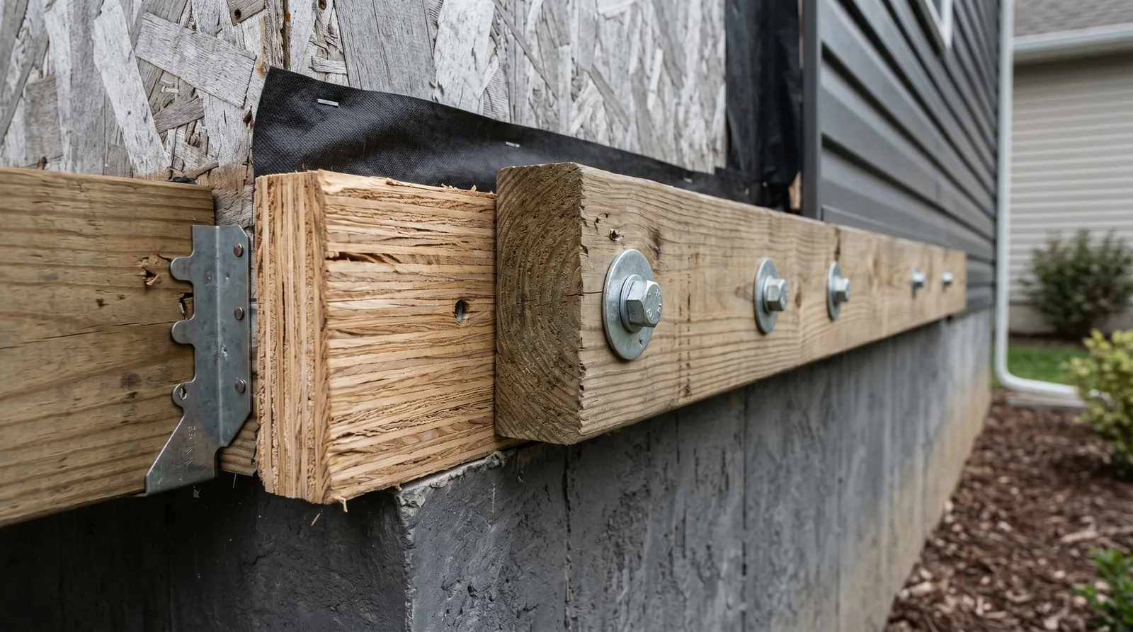Close-up of deck ledger attachment to engineered rim board for inspection.