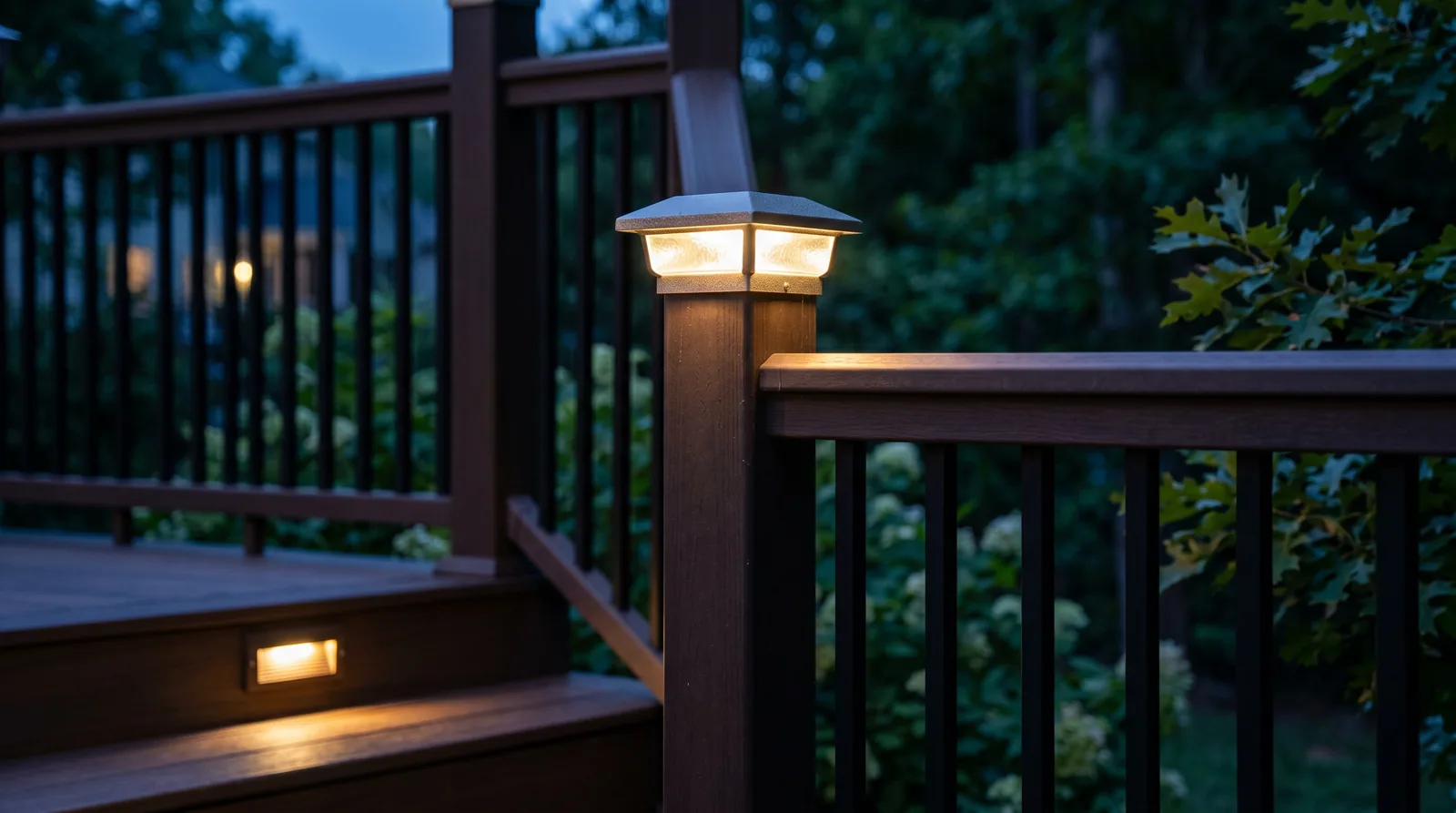 Close-up of an illuminated LED post-cap light and recessed step light on a composite deck railing at dusk.