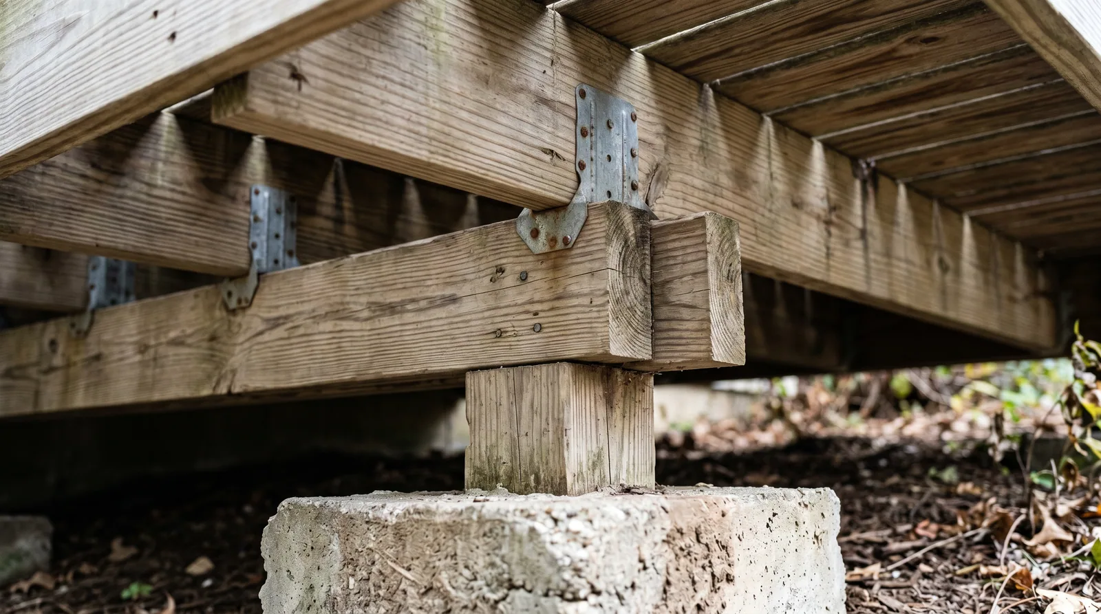 Underside view of residential deck framing showing joists, beam, post, and concrete footing for structural load capacity inspection