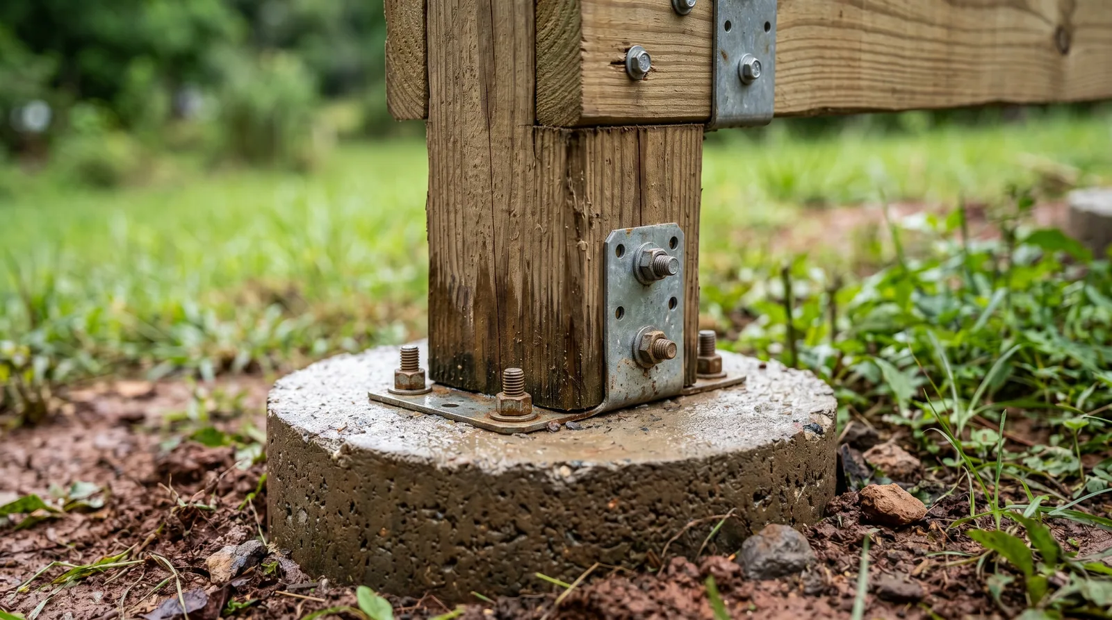 Close-up of a deck post base on a concrete pier showing the wood post, metal hardware, and footing detail typical of deck post replacement in Raleigh NC.