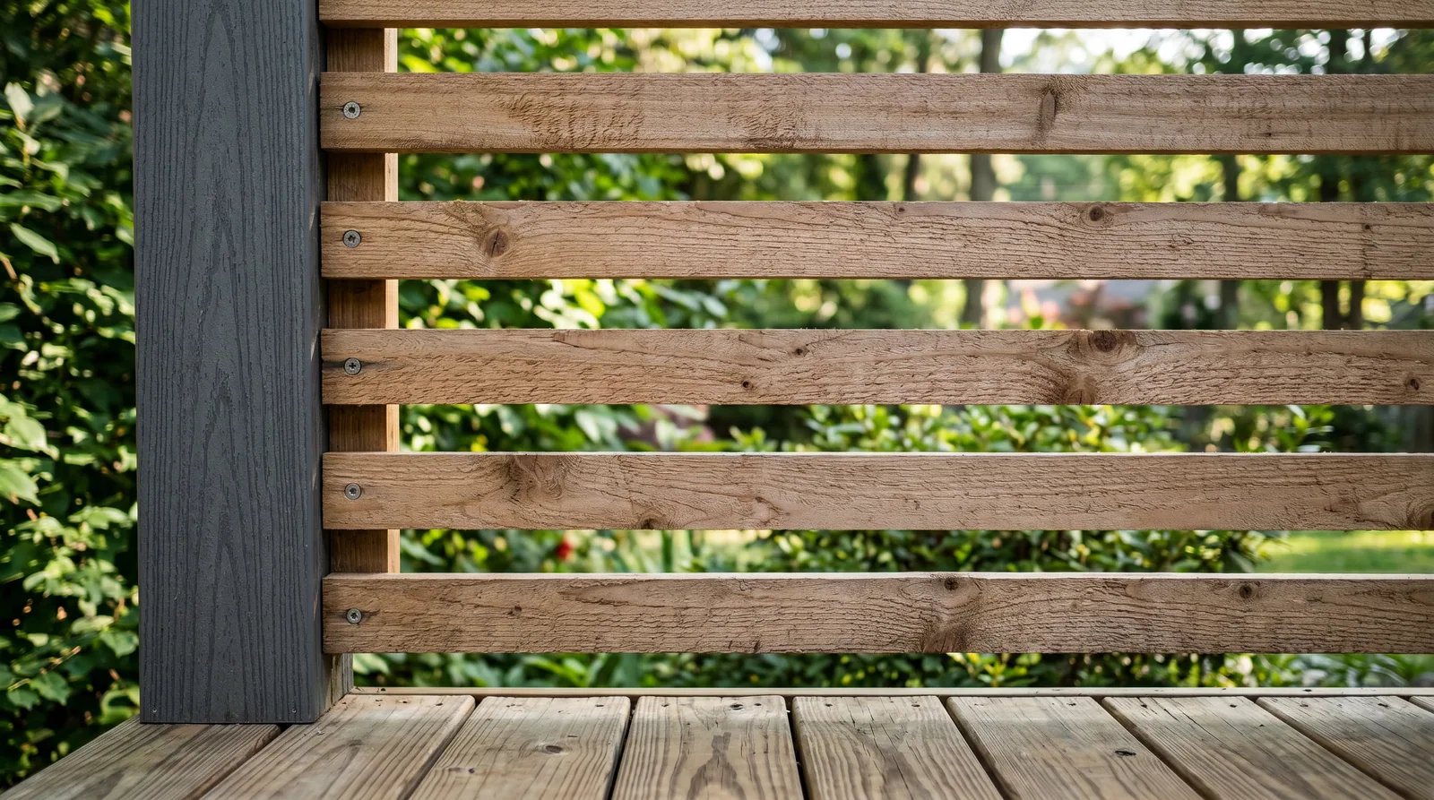 Close-up detail of a horizontal slat deck privacy wall on a Raleigh area home