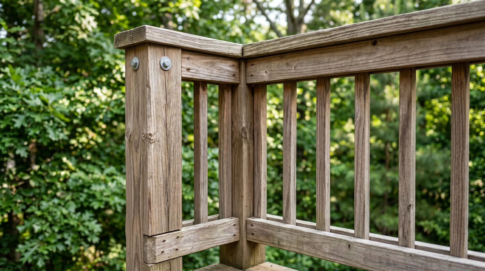 Close-up of deck railing posts and balusters on a residential deck in the Raleigh area.