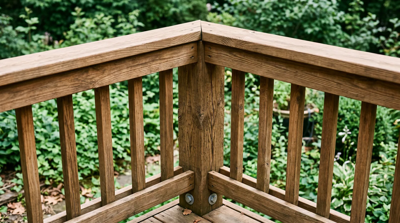 Close-up of a deck railing with a corner post and balusters in natural outdoor light.