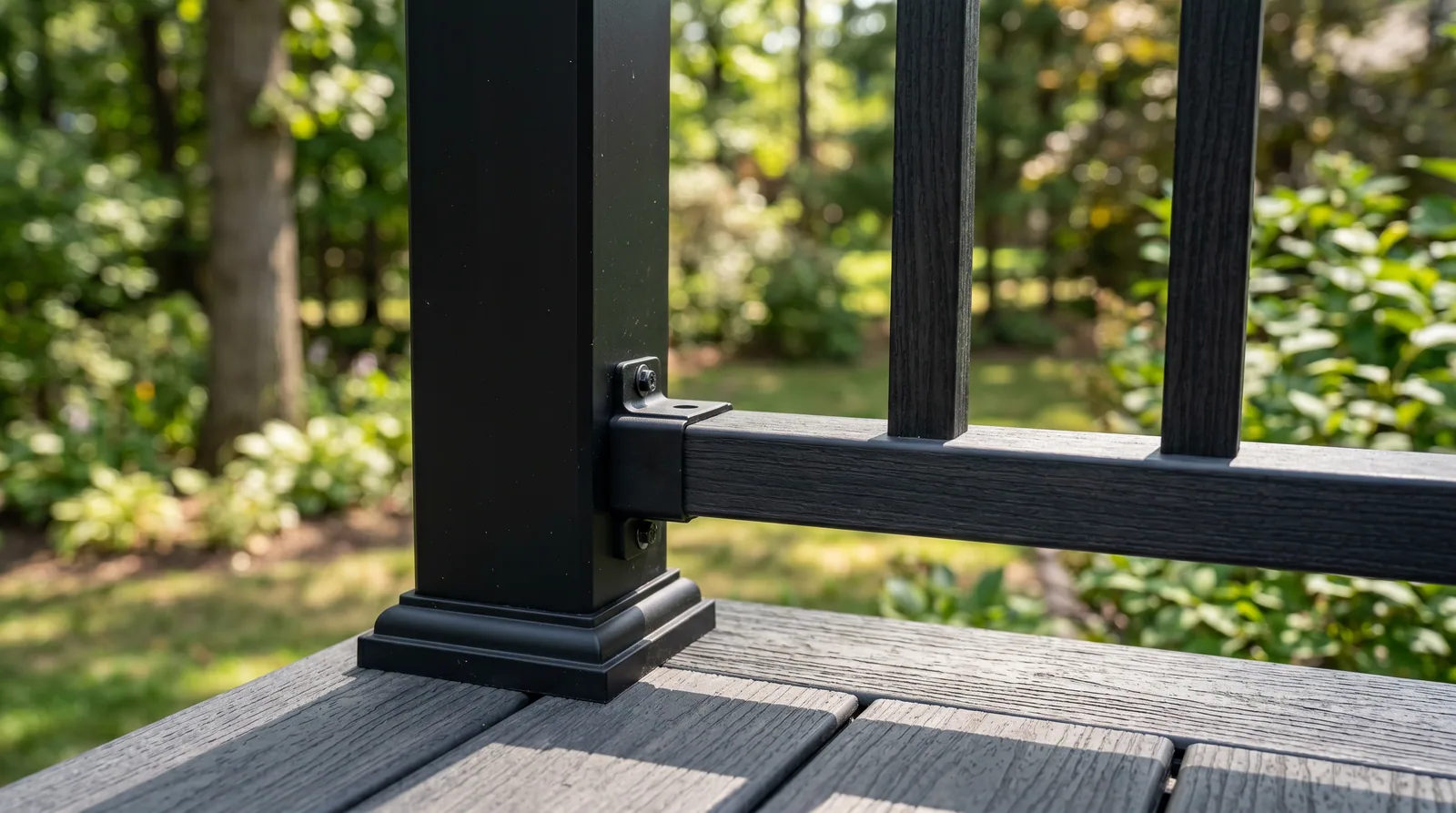 Close-up of composite deck railing replacement in Raleigh, NC