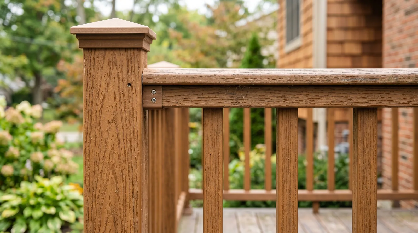 Close-up of a deck railing section with balusters and top rail in natural outdoor lighting.