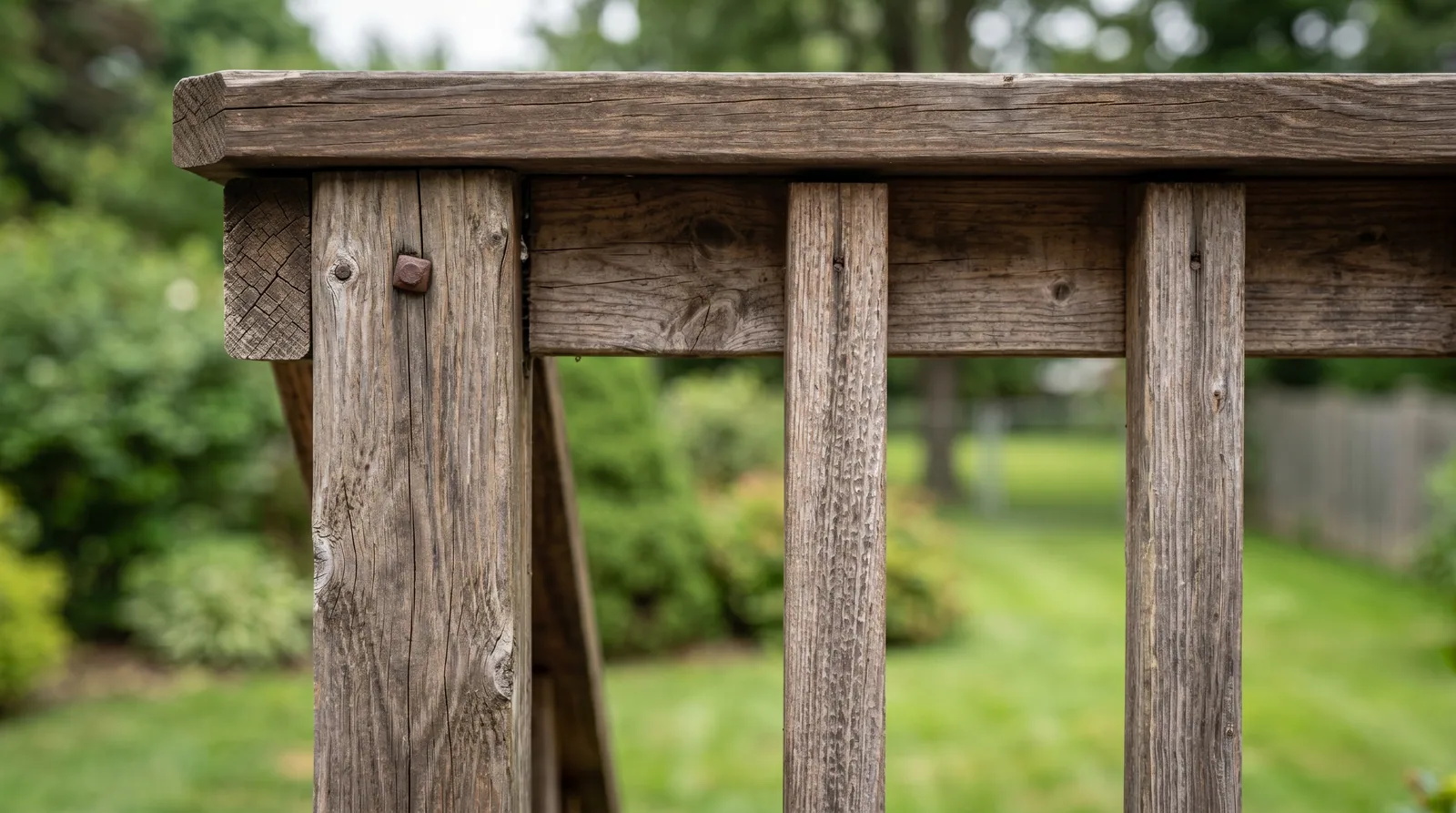 Close-up of wood deck railing with post and balusters in natural sunlight, highlighting texture and realistic wood grain.