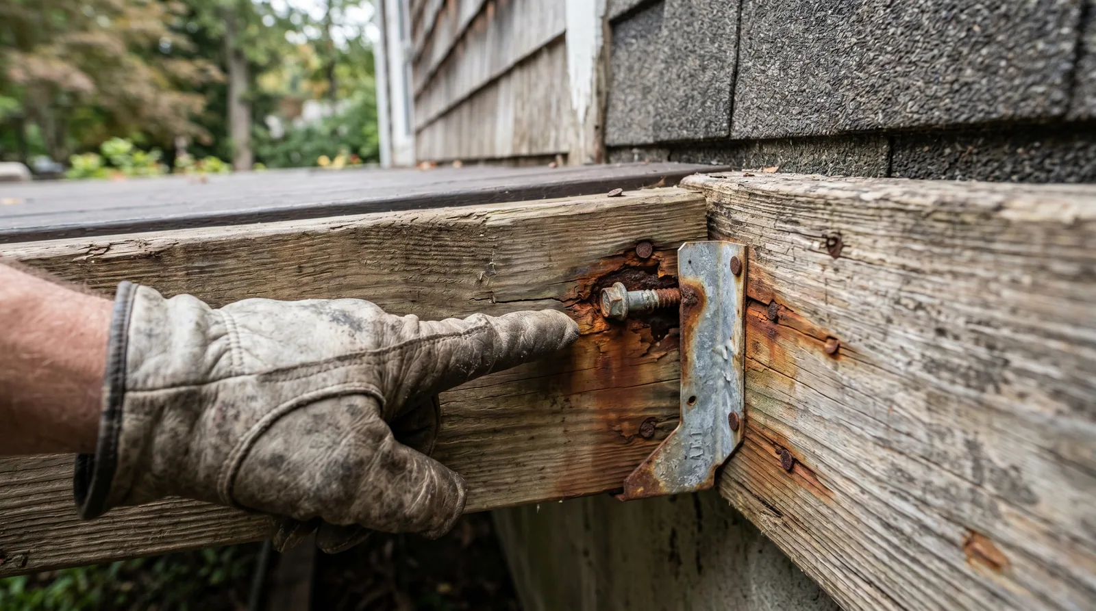 Close-up of a wooden deck ledger board and joist connection with a contractor's hand pointing, emphasizing inspection and potential code compliance issues.