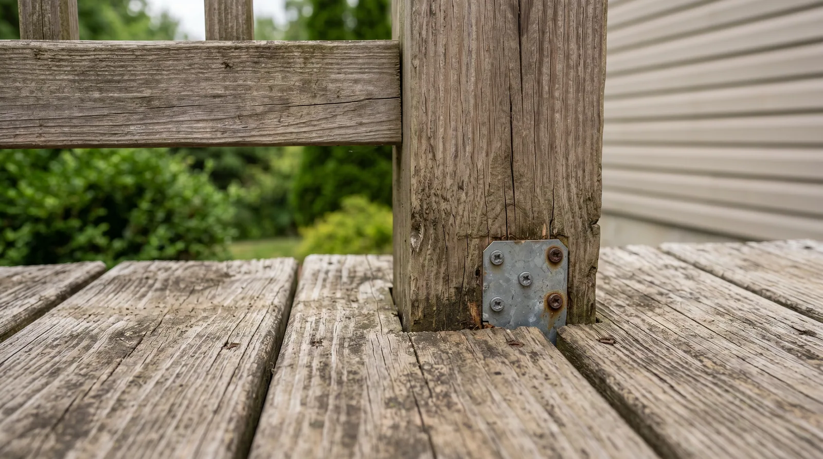 Close-up of weathered deck boards and a railing post showing natural aging, for homeowners evaluating deck replacement before selling in Raleigh, NC