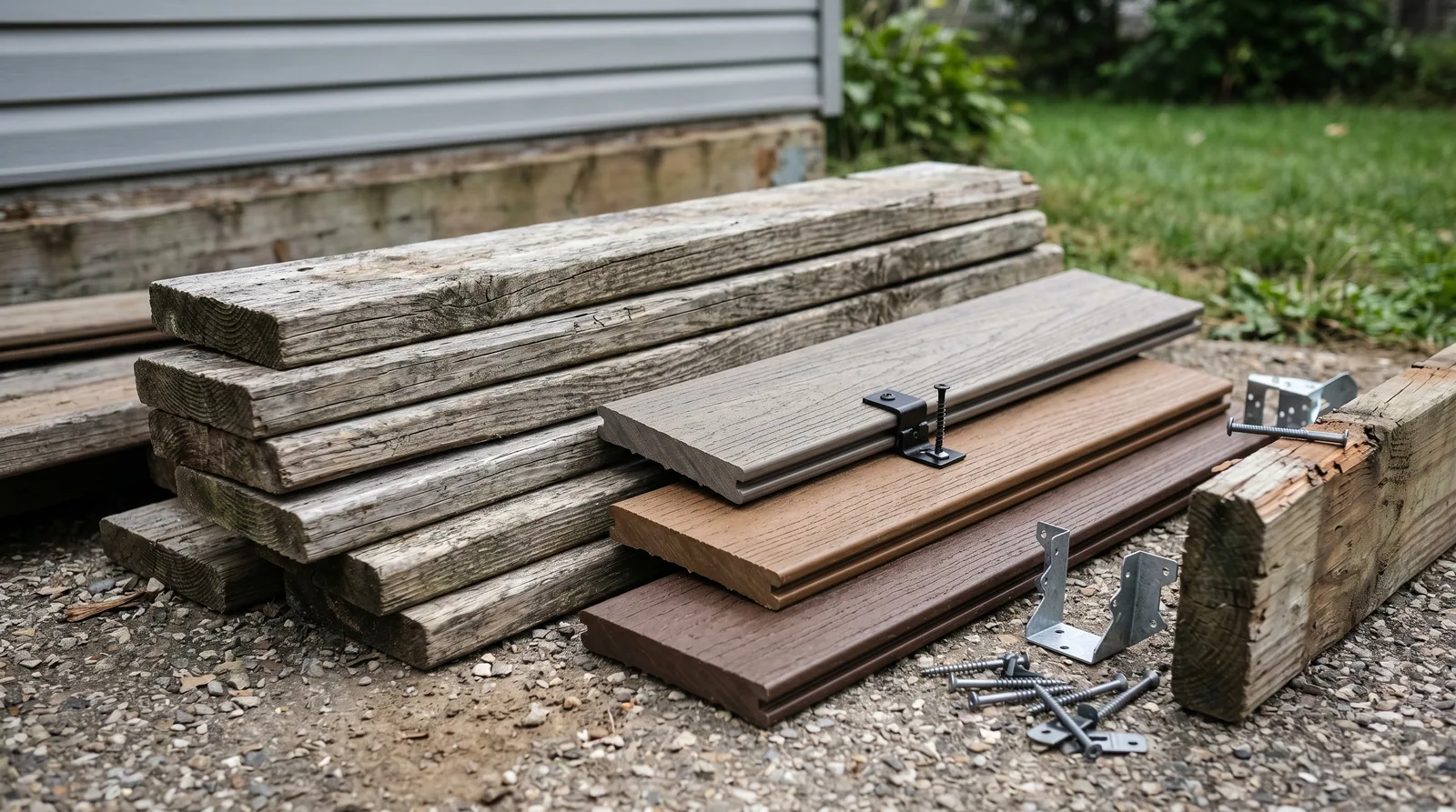 Weathered deck boards next to new composite and pressure-treated decking samples, representing material choices for a deck replacement project.