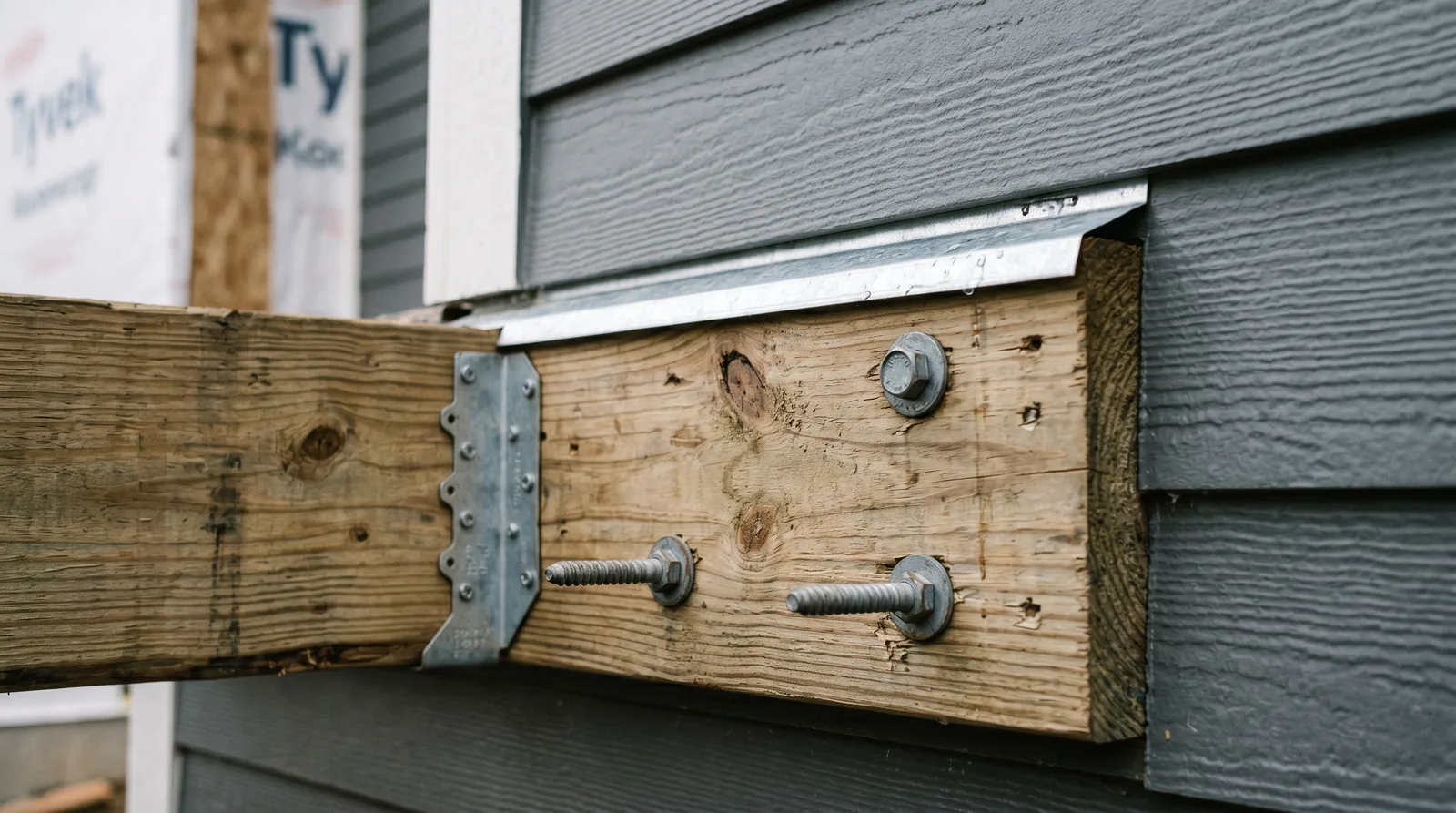 Close-up of a deck ledger board and metal flashing where the deck attaches to the house exterior wall.