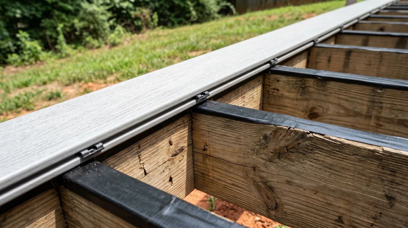 Close-up of weathered wood deck joists with joist tape and a new composite deck board resting on top, showing a wood-to-composite replacement in progress.