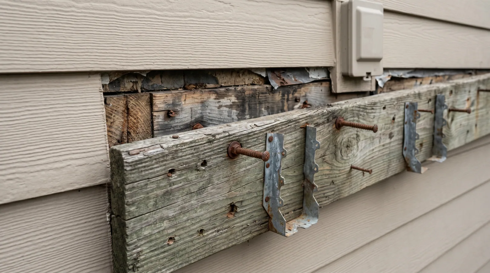 Close-up of a deck ledger board pulled away from a house wall during a deck replacement in Raleigh NC, revealing the underlying rim joist and siding area.